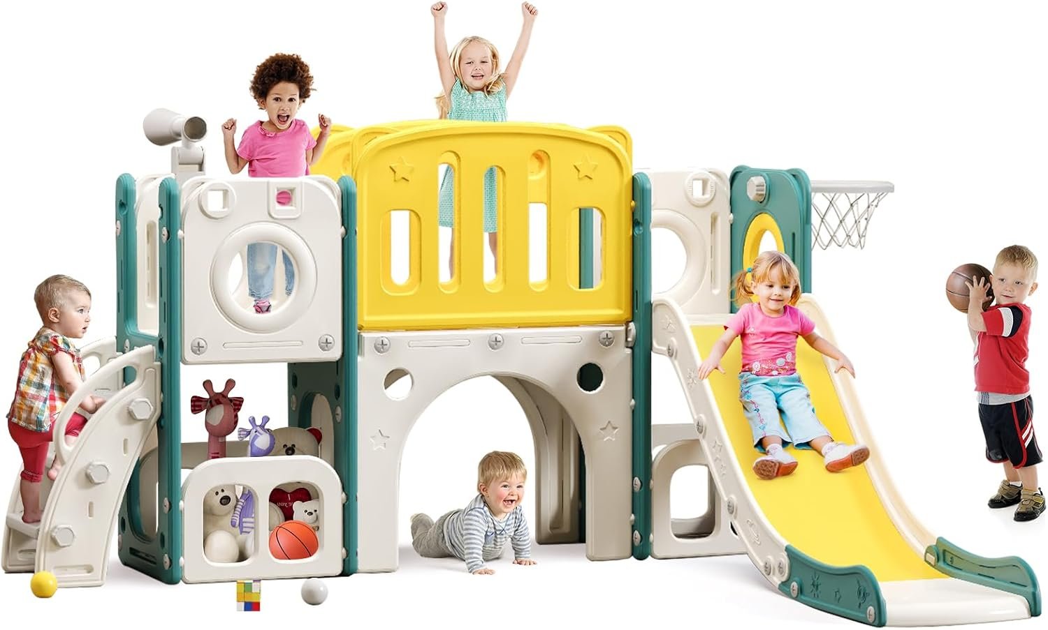 MOCUTEEN 8-in-1 Toddler Climber and Slide Playset with Basketball Hoop – Indoor/Outdoor Playground Gym Activity Center for Kids