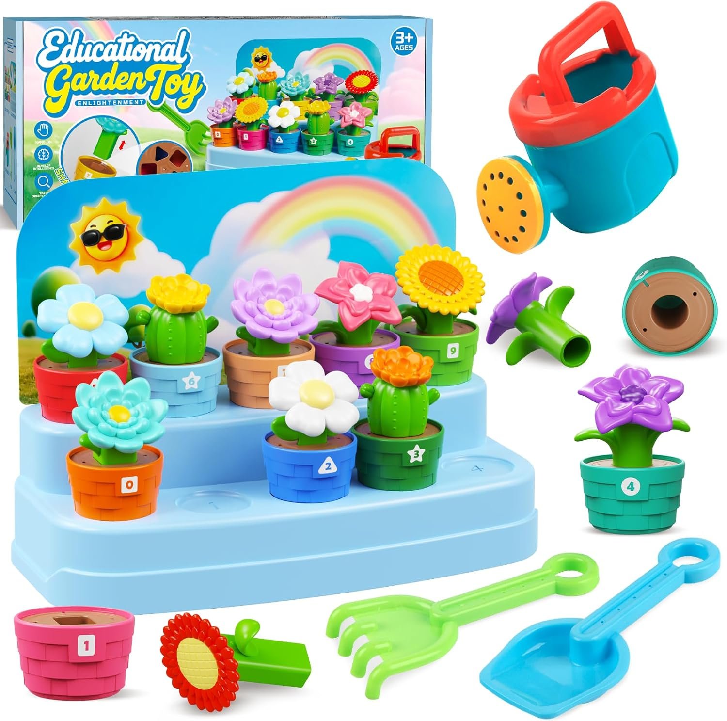 Montessori Flower Garden Building Toy for Toddlers, Gardening Set with Watering Can, Shovel, Rake, Shape & Color Sensory Toys, Preschool Learning Toys,Toddler Outdoor Toys,Gift for Baby Girls Boys