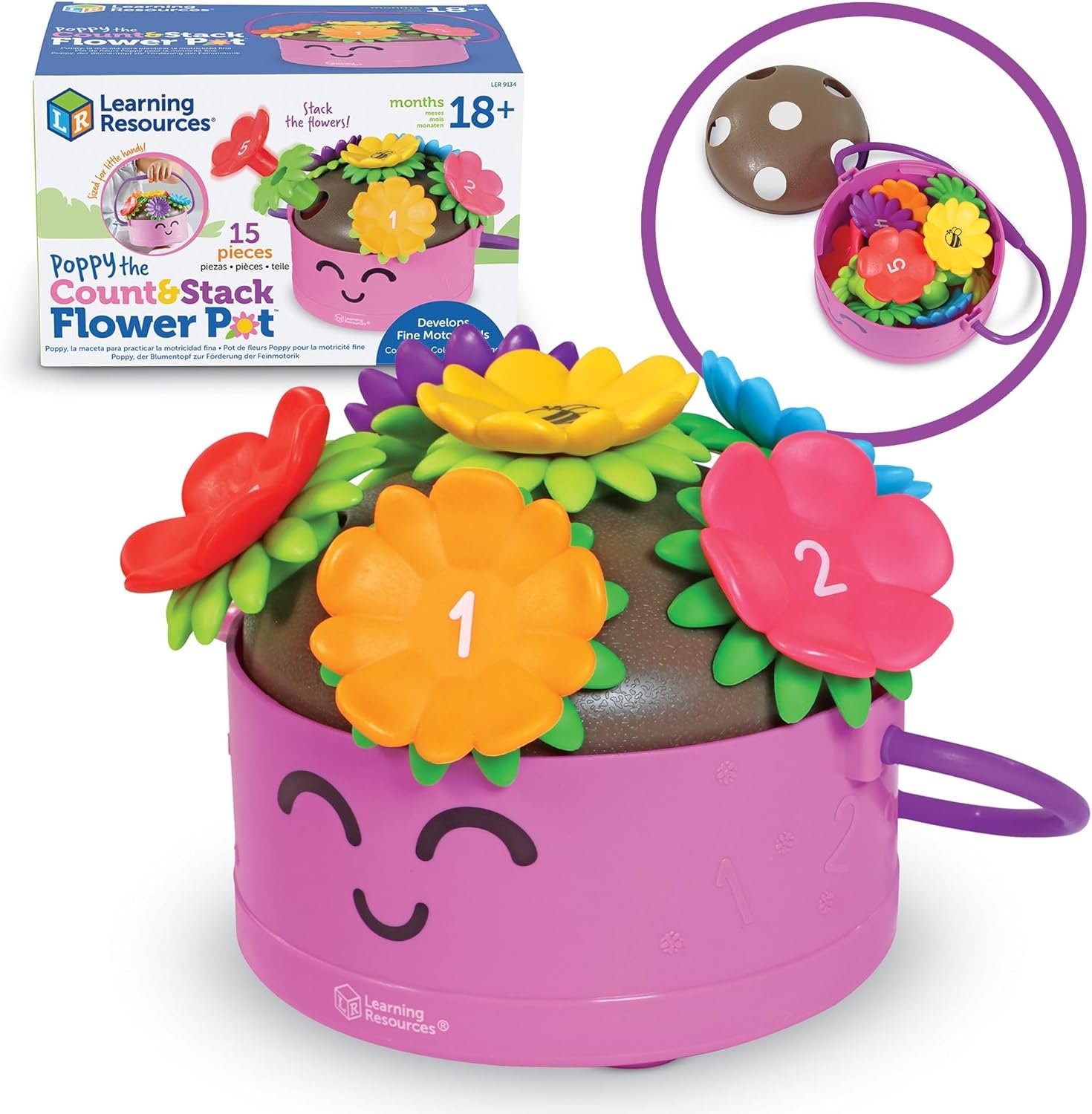 Learning Resources Poppy the Count & Stack Flower Pot – 15 Pieces, Ages 18+ Months, Toddler Fine Motor and Sensory Toys, Preschool Activity, Montessori
