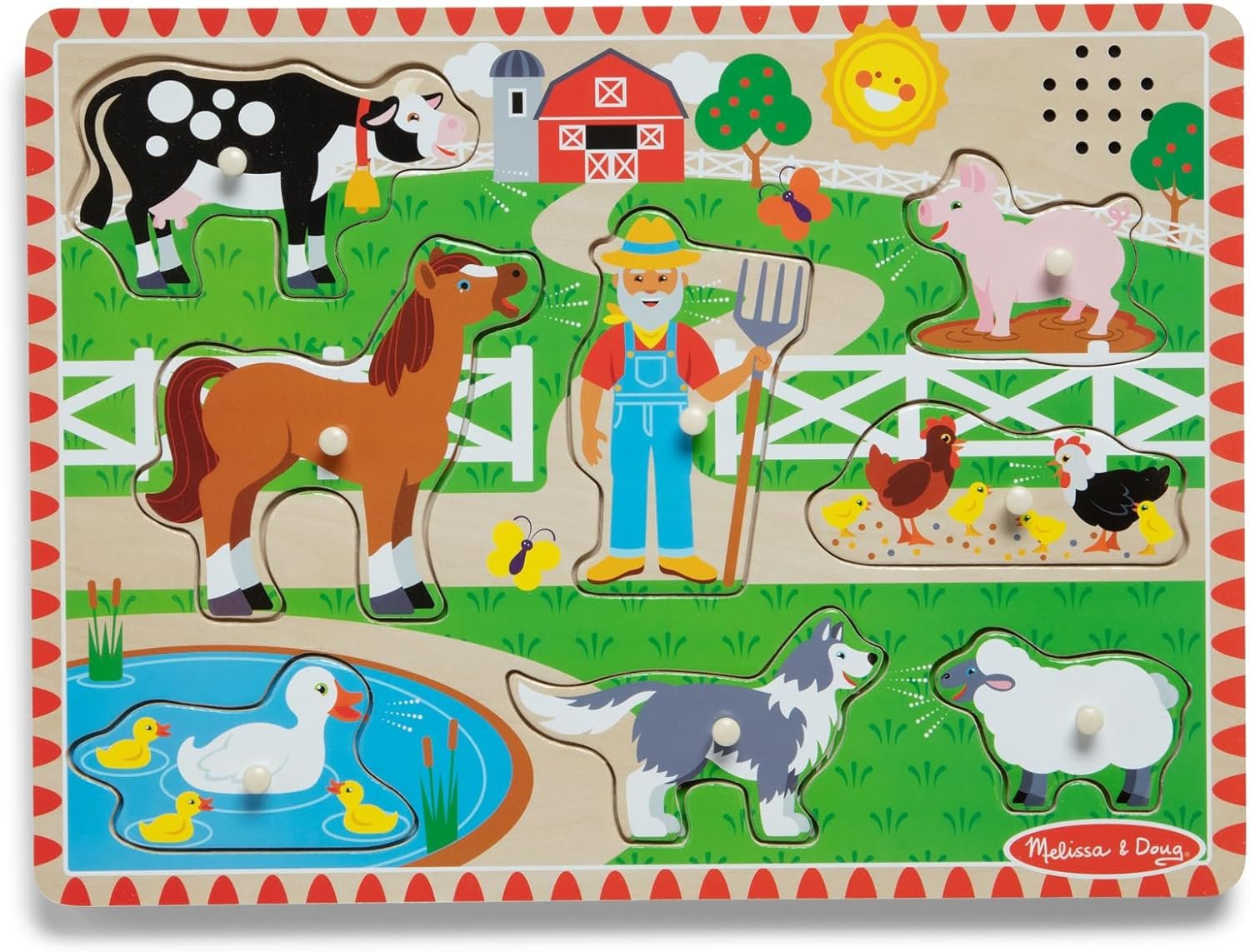 Melissa & Doug Old MacDonald’s Farm Song Puzzle – 8-Piece Wooden Peg Puzzle with Light-Activated Sounds, Music Learning Toy for Toddlers and Preschoolers Ages 2+