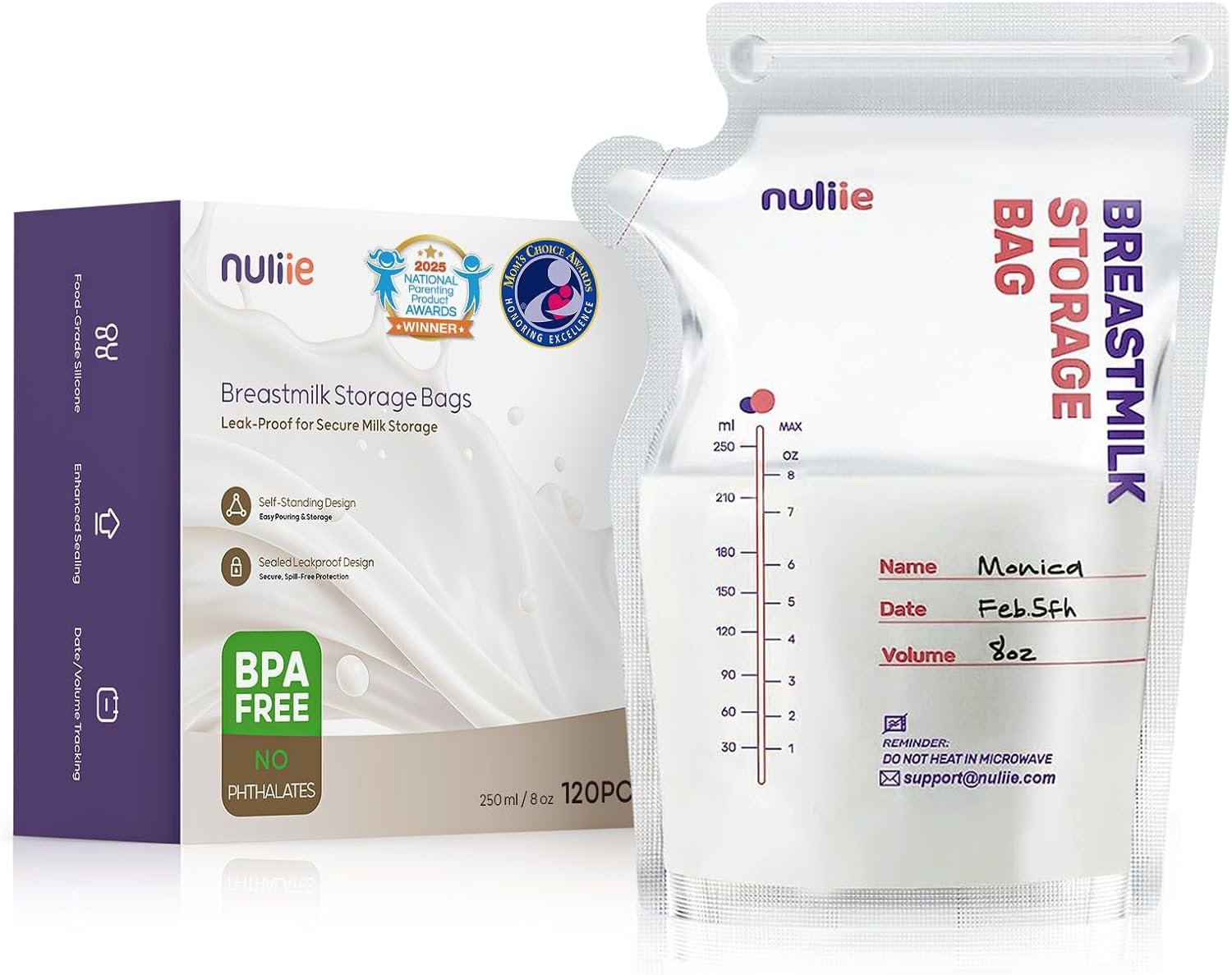 Nuliie 120 Pcs Breastmilk Storage Bags Freezer, 8 OZ Breast Milk Storing Bags, BPA-Free, Milk Storage Bags with Pour Spout for Breastfeeding, Self-Standing Bag, Space Saving Flat Profile