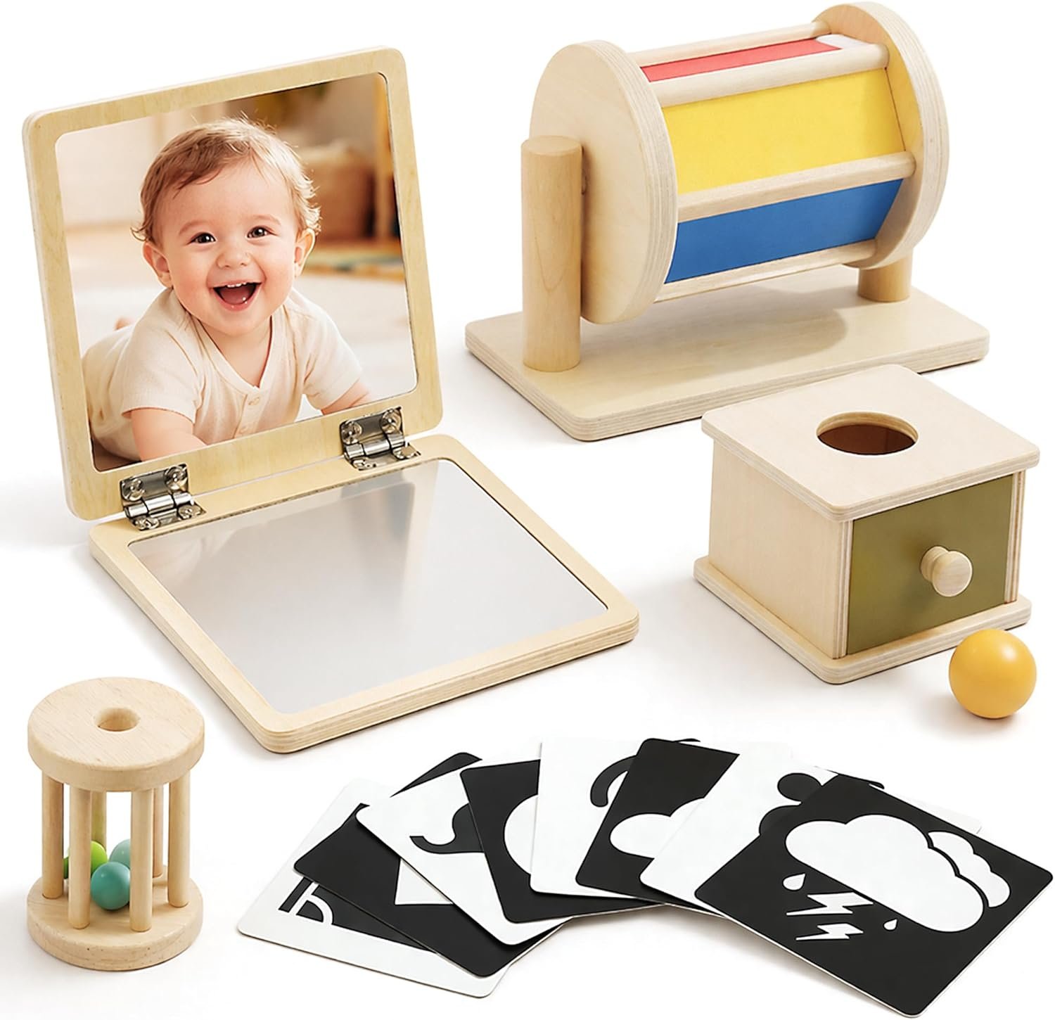 Montessori Toys for Babies 0-6 6-12 Months, Sensory Developmental Baby Toys, Tummy Time Toy – 5 in 1 Wooden Learning Toy Set, High Contrast Cards, Mirror & Spinning Drum for Newborn Infant Gift