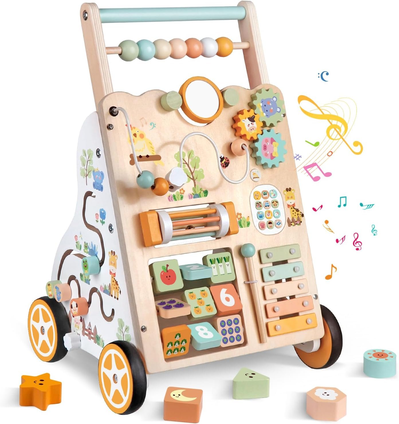 Wooden Baby Walker with Wheels, Push Walker with Baby Activity Center, Montessori Walking Toy for Girls Boys, Adjustable Speed & Height Activity Toy for Toddler Learning to Walk 12+ Months (Natural)