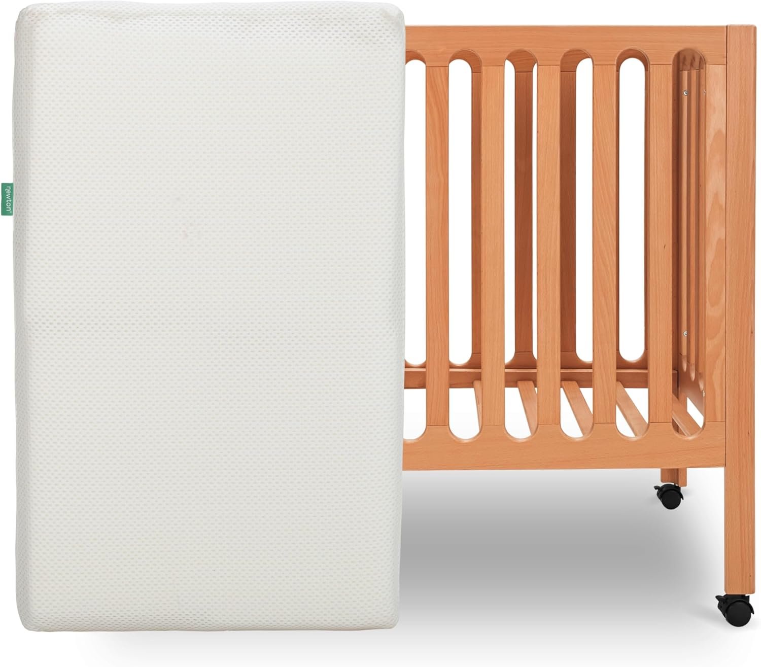 Newton Baby Galileo Mini Crib Solid Beech Wood with Wheels in Chestnut Color, Mini Crib Mattress Included, Adjustable Mattress Height, Ultra-Safe Non-Toxic Finish