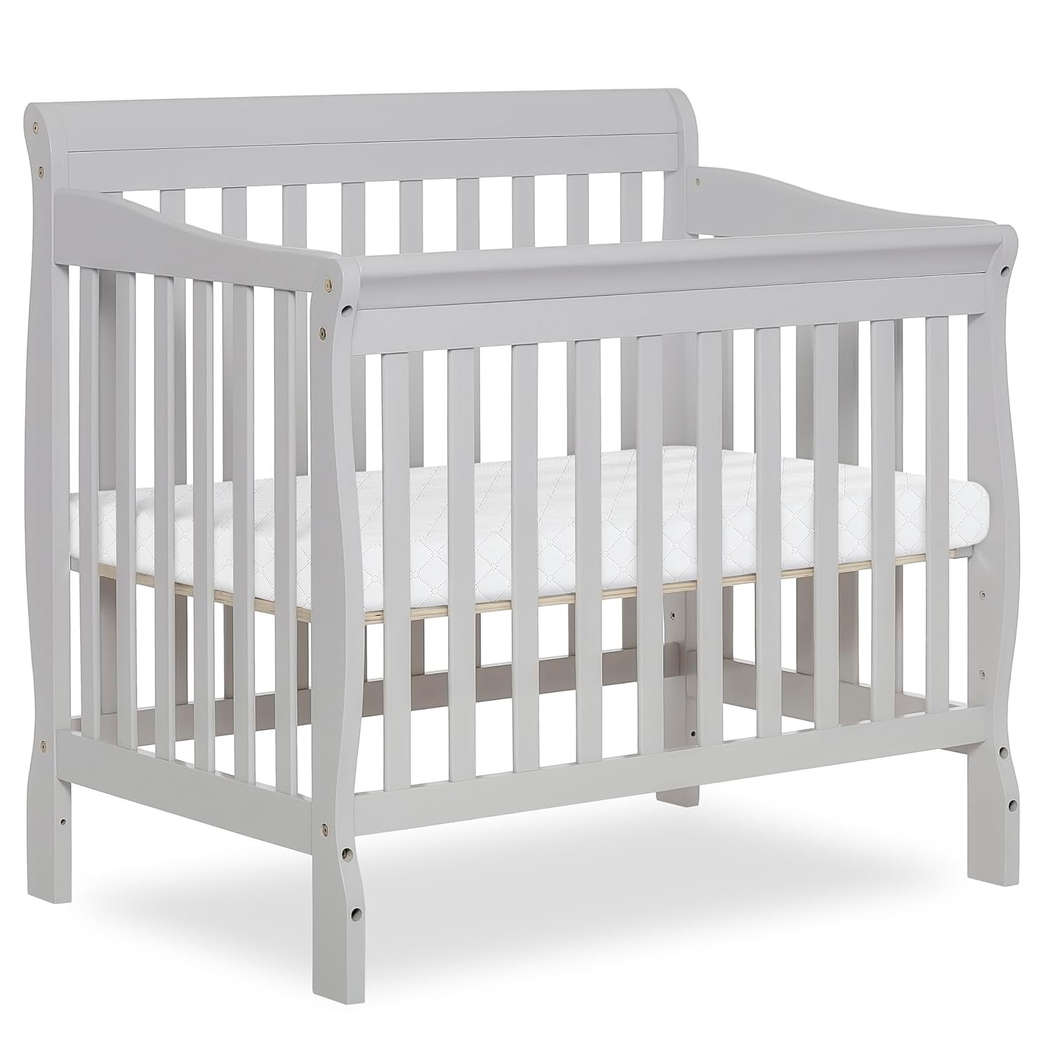 Dream On Me Aden 4-in-1 Convertible Mini Baby Crib, GREENGUARD Gold & BSA Certified, Sustainable Pinewood, Non-Toxic Finish, 3 Mattress Heights, Converts to Mini Day & Twin-Size Bed – Grey