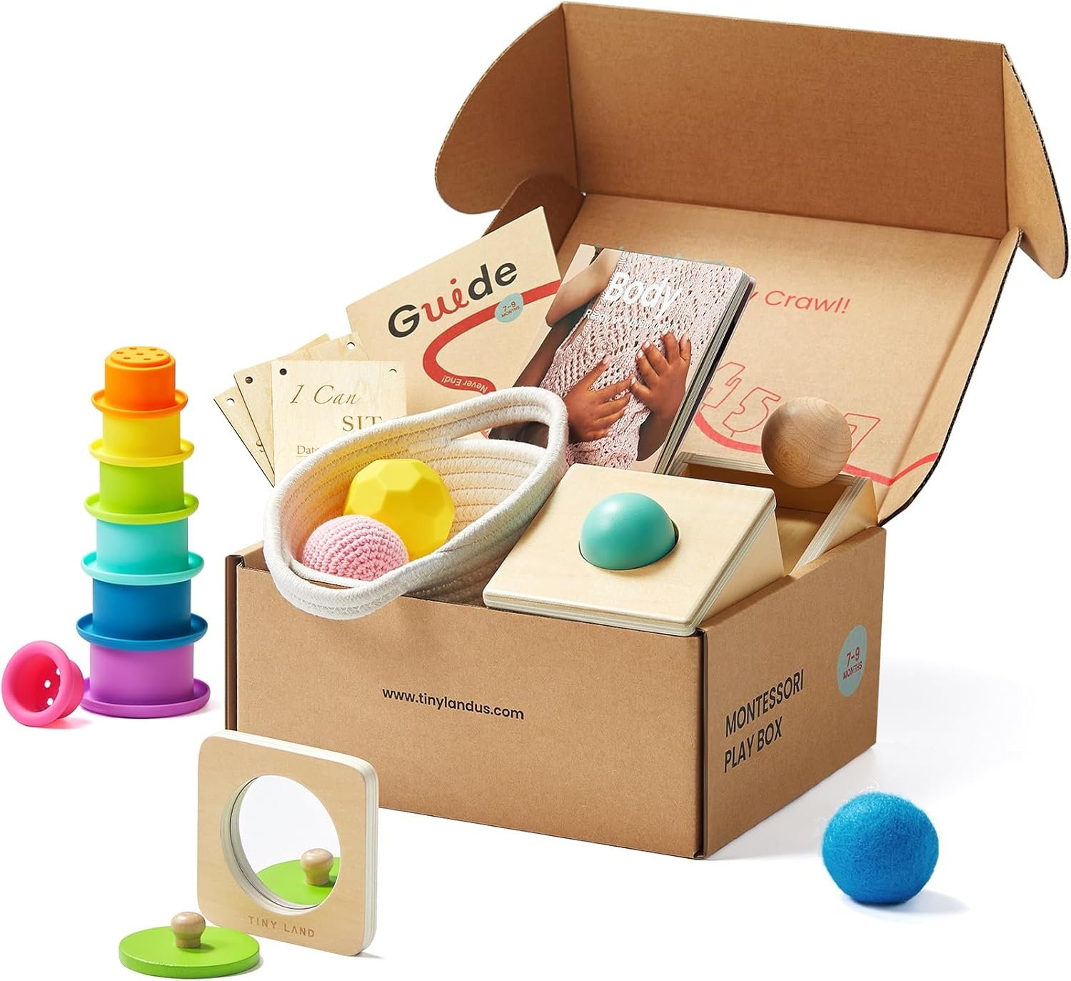 Tiny Land Montessori Toy Set for Babies 7-9 Months Senser Play Kit – 5-in-1 Wooden Learning Toys with Object Permanence Box, Sensory Ball, Stacking Cups and Mirror Puzzle,Body Board Book