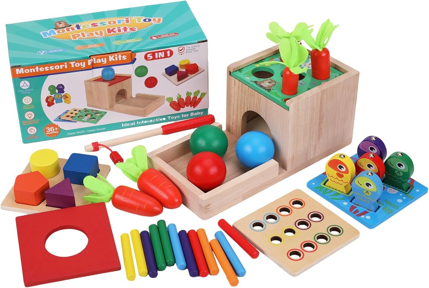 5 in 1Wooden Montessori Toys Toddlers Play Kit,Object Permanence Box,Carrot Harvest,Educational Learning Motor Skill Toys for Kids Ages 3-8