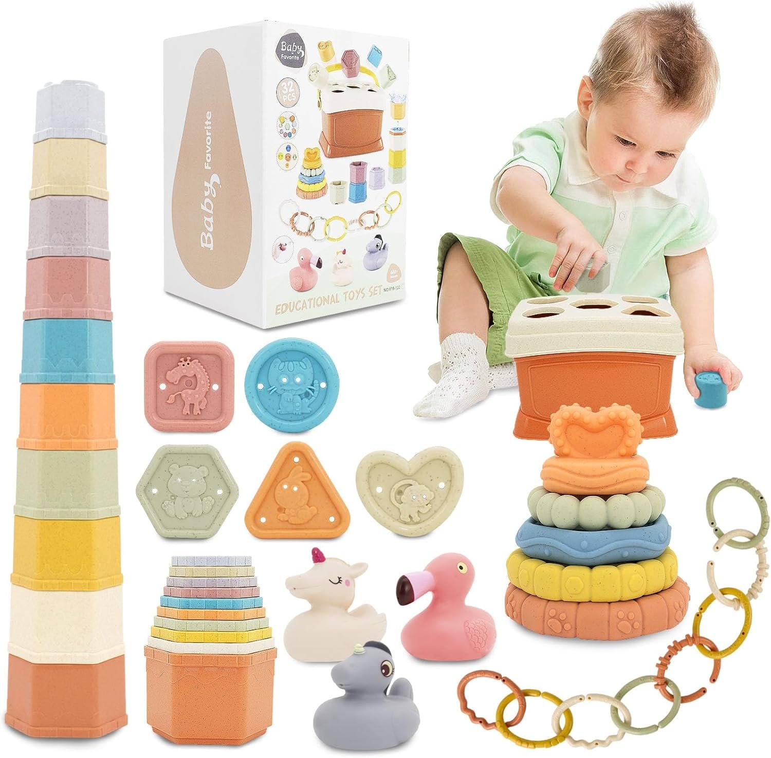 BYFWH Shape Sorter for Toddler 1-3, 5 in 1 Montessori Baby Toys for Infants 6-48 Months, Sorting & Stacking Toy for Fine Motor Skills, Sensory Learning Set with Rings Link, Birthday Gift