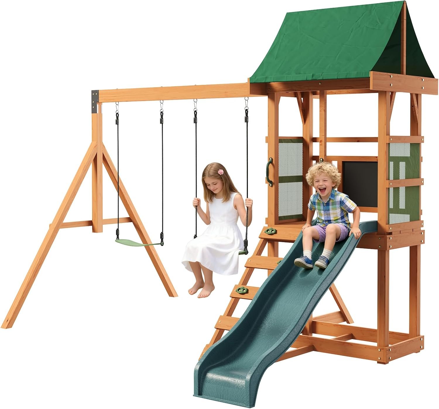 Wood Swing Sets for Backyard – Playground Sets for Backyards, Outdoor Playset with Wave Slide, Play Deck, Rock Wall Ladder, Belt Swings, Chalkboard, Canopy Roof