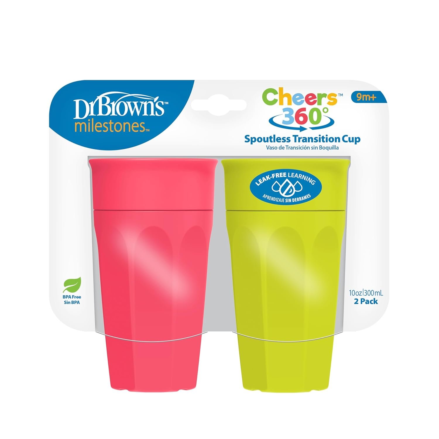 Dr. Brown’s Milestones Cheers 360 Spoutless Transition Cup, Travel Friendly and Leak Free Sippy for Babies and Toddlers, Green and Pink, BPA-Free, 10 oz/300 mL, 9m+
