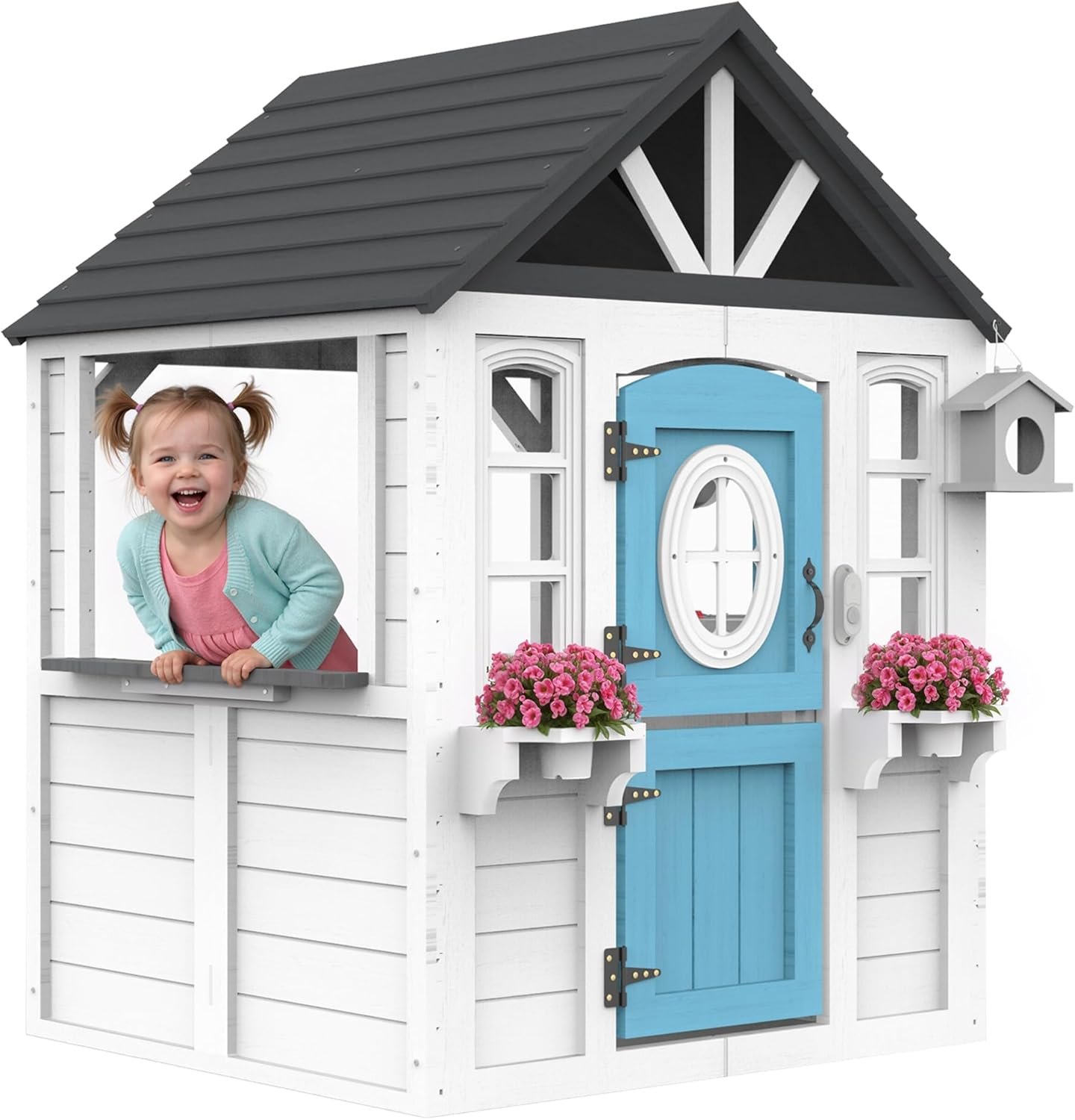 YOFE Wooden Kids Playhouse with Kitchen Sink, Mailbox & Working Doorbell, Outdoor Toddler Play House with Dutch Door, Dog Door & Accessories for Backyard, Pretend Market & Holiday Fun