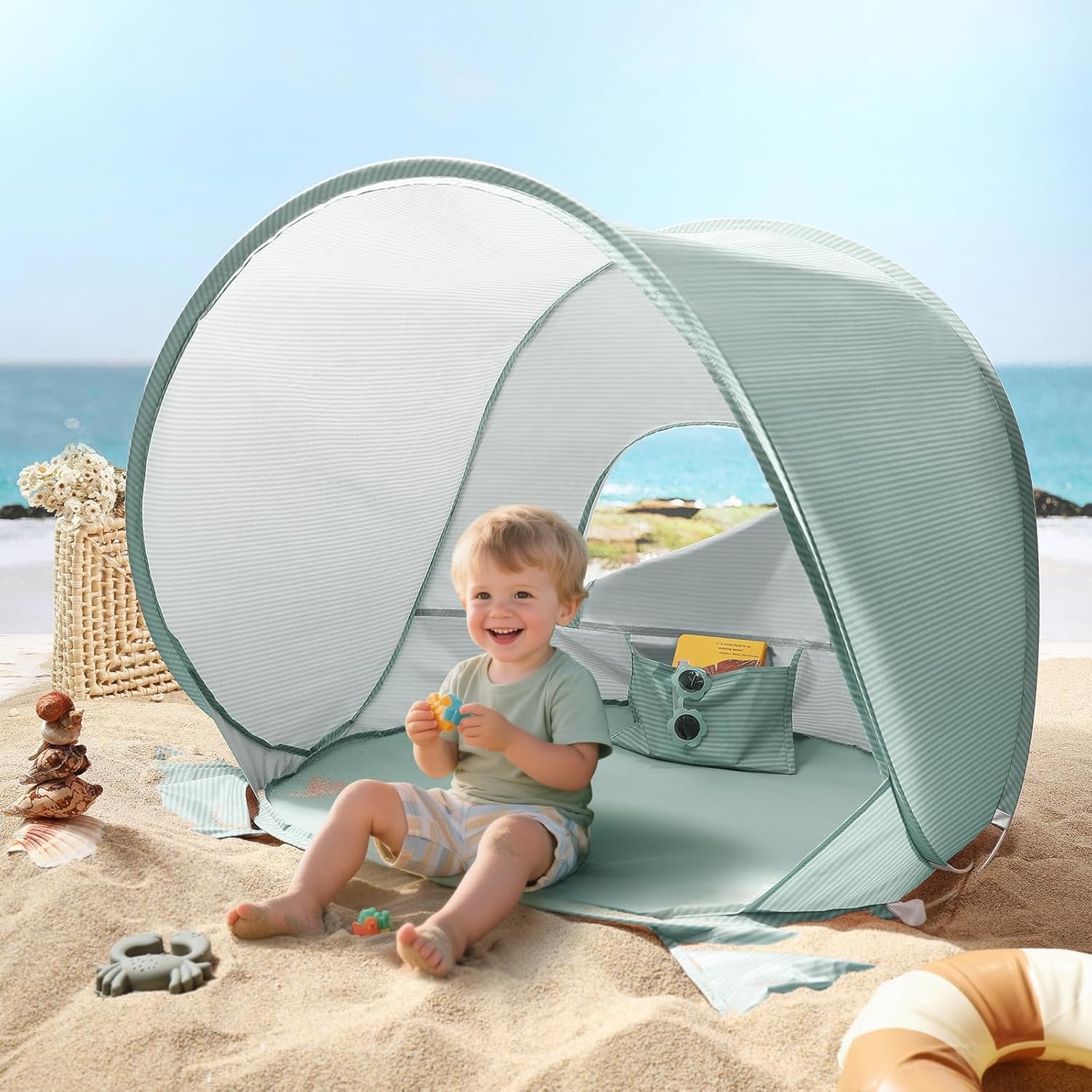 Tiny Land Baby Beach Tent – Pop Up Baby Tent with UV Protection, Portable Baby Beach Essentials, 35″x28″x32″ Sun Shelter for Infants, Baby Outdoor Use (Pastel Aqua)