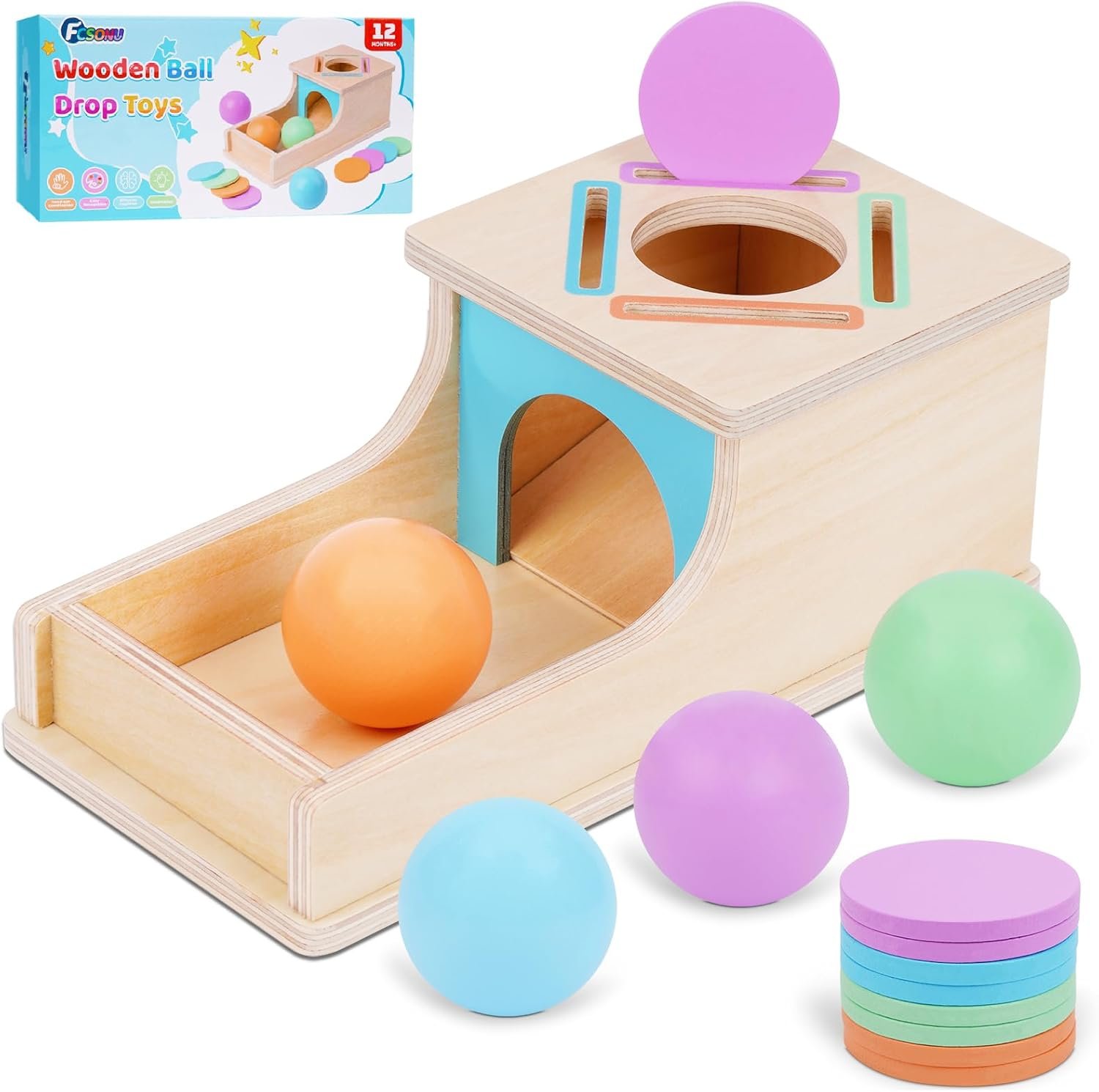 FCSONU Toddlers Montessori Coin Box Toys for 1 2 3 Year Old Boys Girls, Object Permanence Box Ball Drop Toy, Learning Sorting Sensory Toys for Ages 2-3 Kids, 1st Birthday Gifts for Baby 12-18 Months