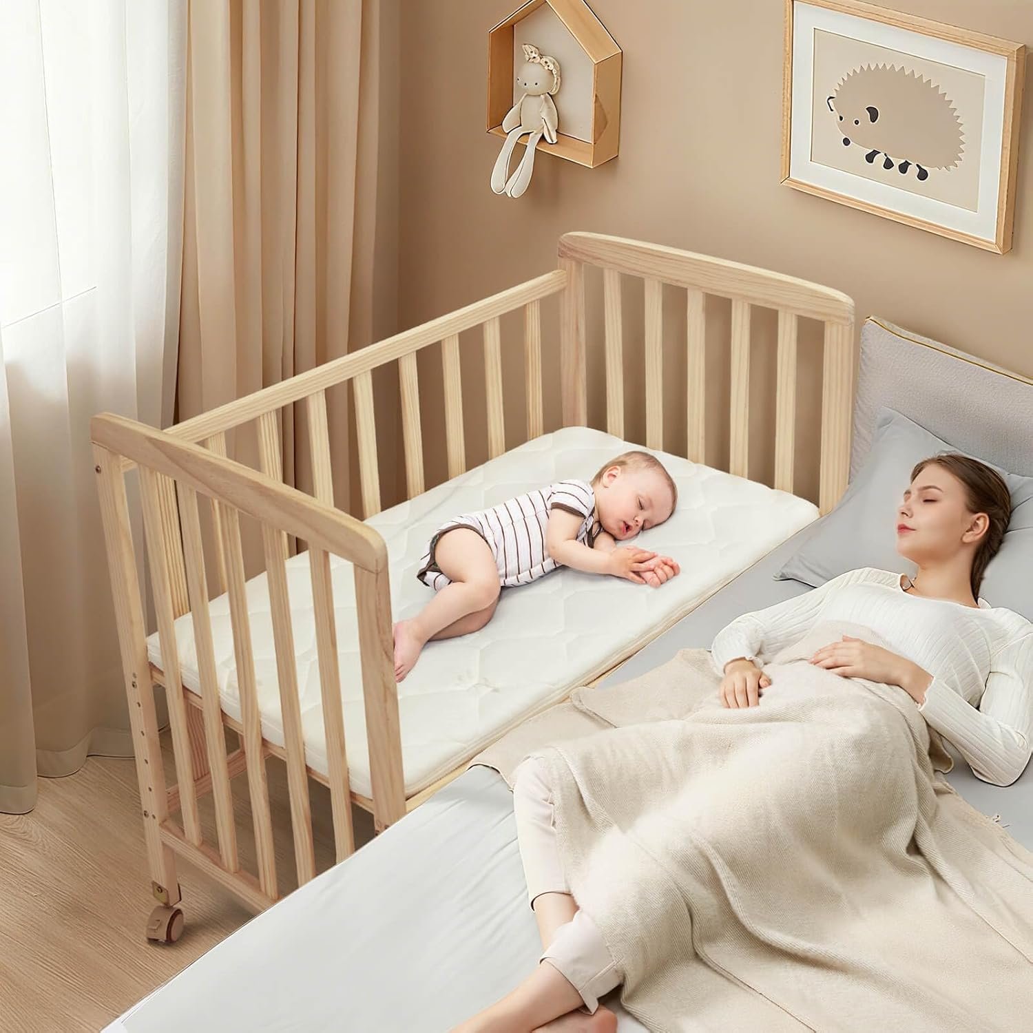 Flwrgirl Baby Bassinets Bedside Sleeper – Portable Pine Wood Bedside Bassinet,6 Heights Small Mini Crib with Mattress,Space-Saving Design Baby Crib for Newborns 0-12 Months,Unpainted | Pine Wood Bassinet, Mattress Included, 3-IN-1 Convertible, Adjustable Height, Locking Wheels, Portalbe