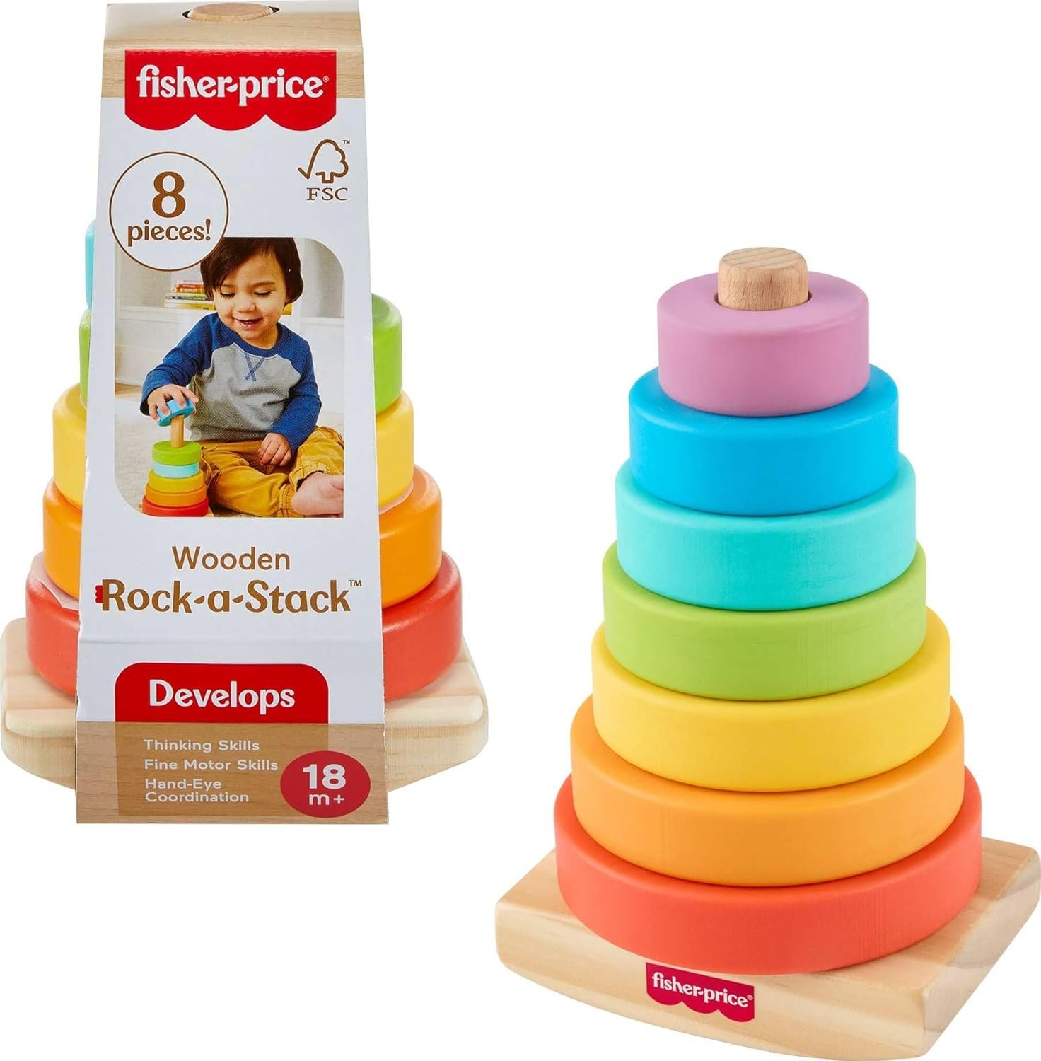 Fisher-Price Wood Toddler Toy Rock-a-Stack, 8-Piece Wooden Ring Stacking Activity for Fine Motor Skill Development Kids Ages 18+ Months