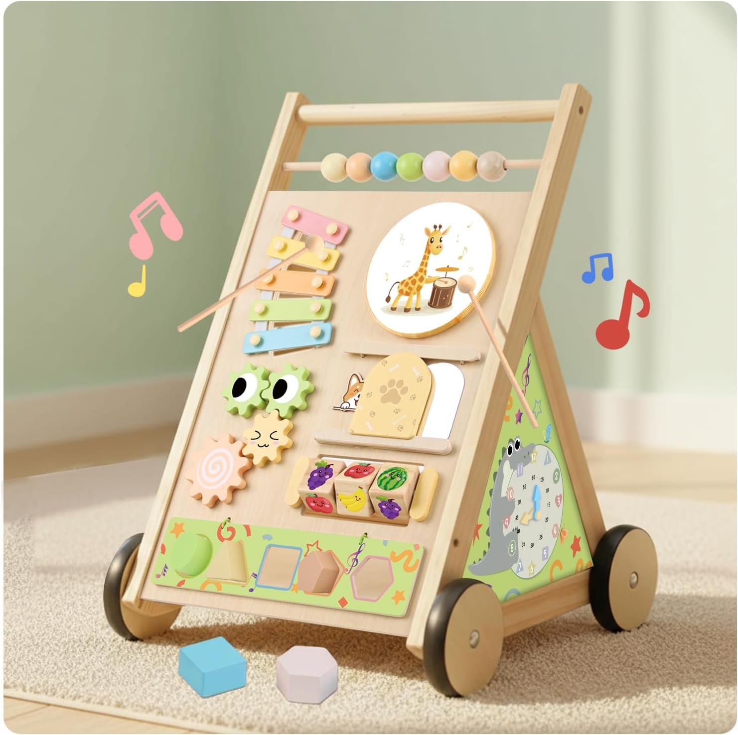 Wooden Baby Walker with Wheels Push Walker for Babies 6-12 Months Toddlers Montessori Walking Toys for 1 Year Old Learning to Walk Activity Center for 12-18 Months Boys Girls Gifts Color Sorting Toys