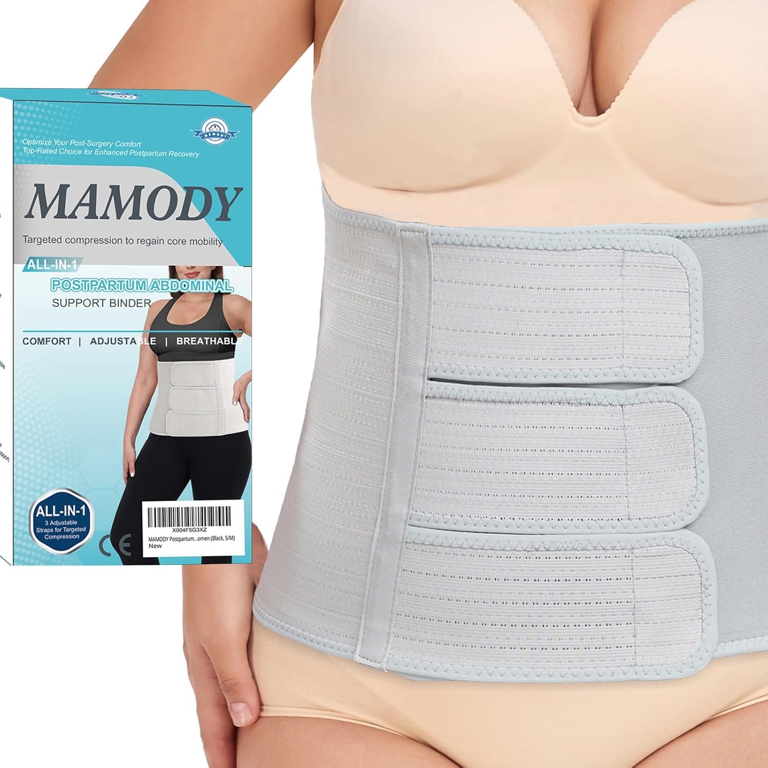 MAMODY Postpartum Belly Band abdominal Binder for Natural Delivery & C-Section, Adjustable Compression Wrap, Abdominal Support Belt (Gray, Large)