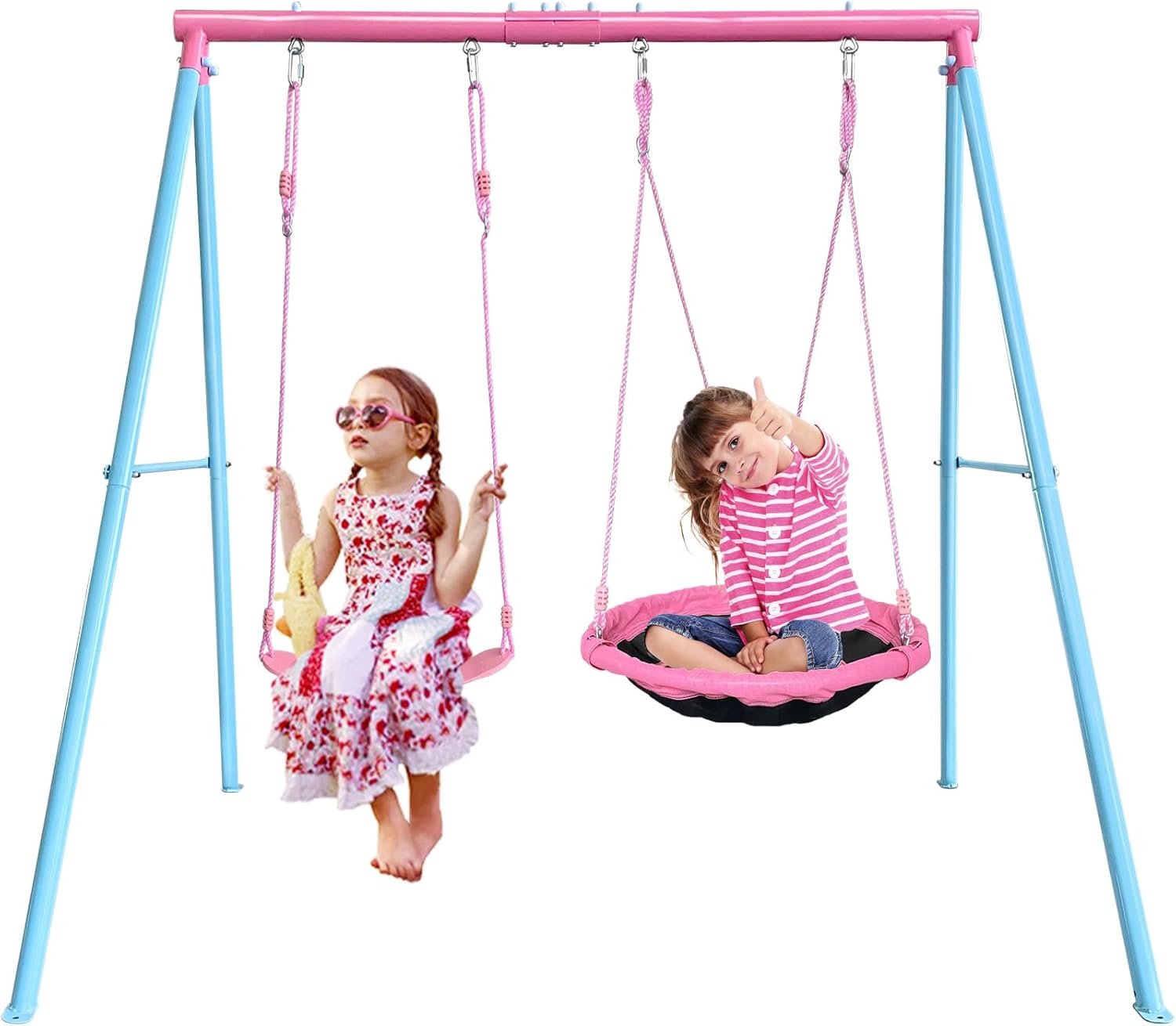 JYGOPLA 440lbs 2 Seat Kids Small Swing Sets for Backyard, 1 Saucer Tree Swing 32 inch, 1 Belt Swings, Heavy Duty Metal Swing Stand with Anchors(Pink+Blue)
