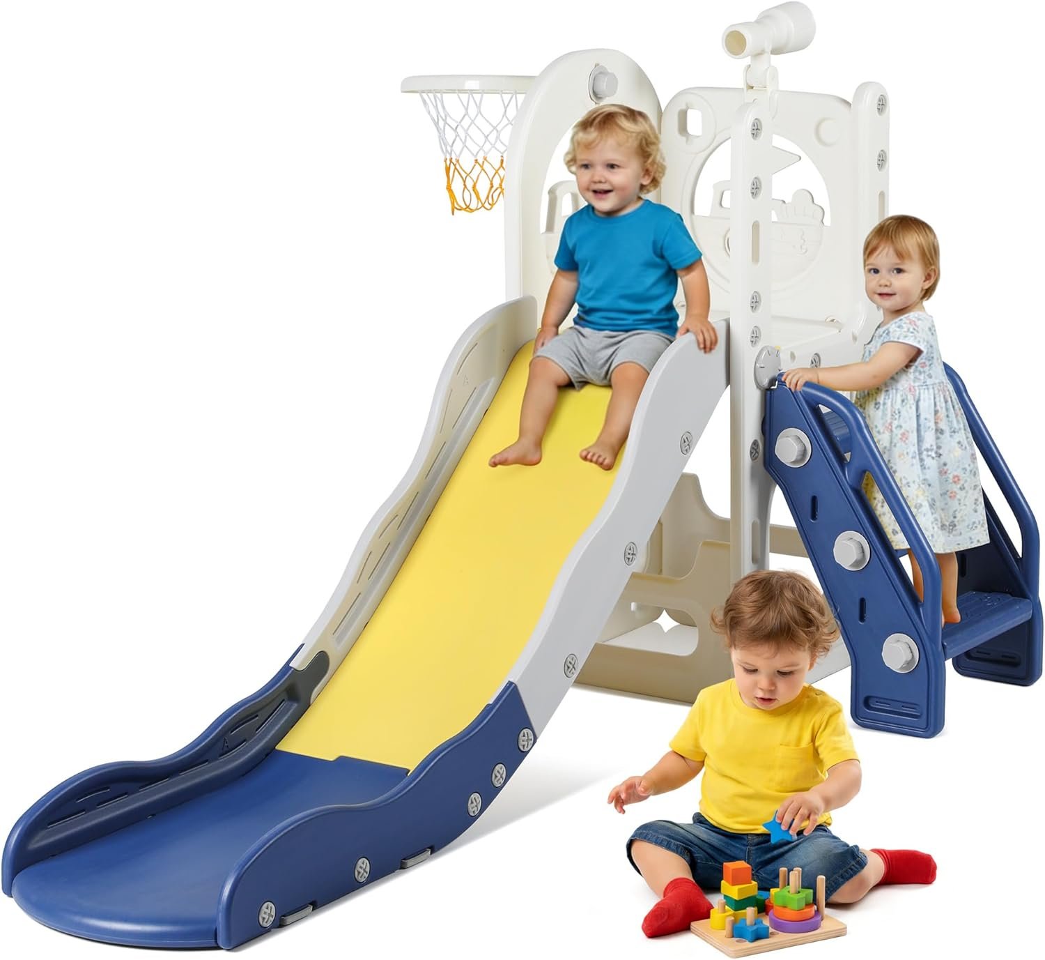 6 in 1 Toddler Playset Toddler Slide and Climber Playset, L-Shaped Kids Slide with Basketball Hoop, Telescope & Storage, Sturdy Indoor Outdoor Playground, for Boys Girls 1-3+