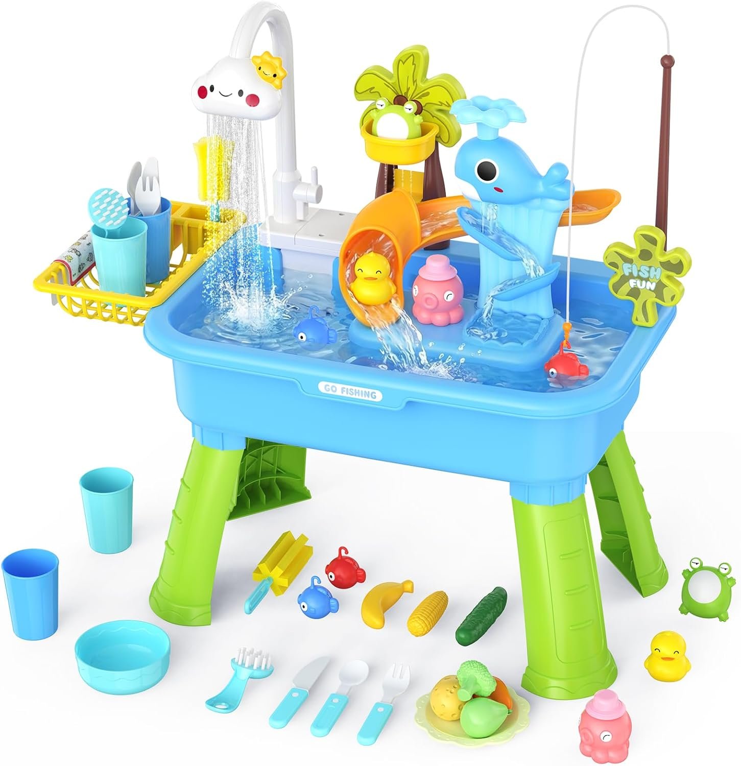 2026 Upgraded Water Table for Toddlers 1-3 – Outdoor Toys for Kids Ages 4-8 with Pump, Summer Outside Sensory Activity Pool Toys, Kitchen Play Sink Toy with Running Water, Fishing Toy, Blue