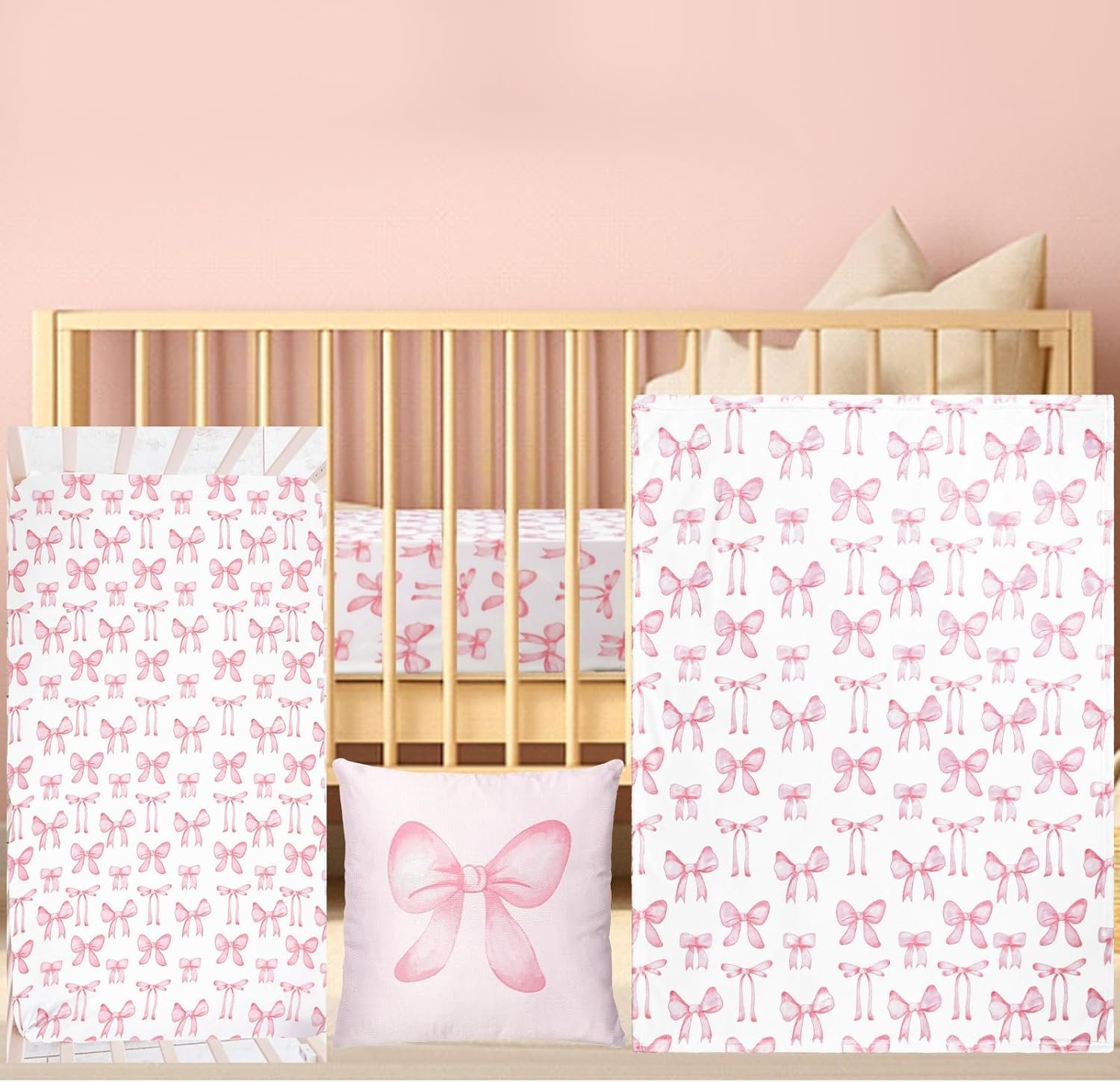 HunnmingRe Baby Pink Bow Crib Bedding Set 3 Pcs Crib Set Baby Blanket, Fitted Sheet, Pillowcase Soft Flannel Nursery Bedding for Standard Infant Bed and Toddler Mattress Newborns Gifts
