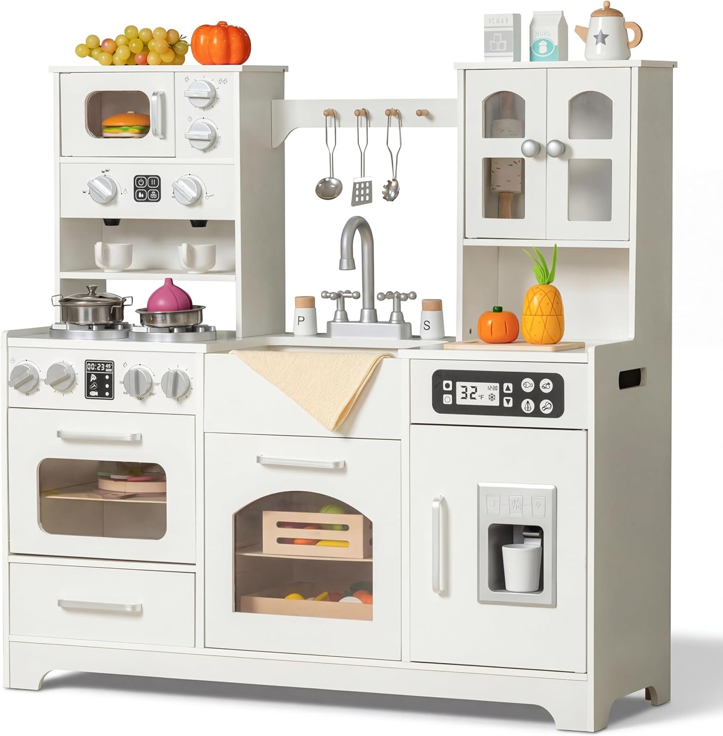 Wooden Play Kitchen for Toddlers and Kids with Lights & Sounds, Large Interactive Pretend Play Set with Ice Maker, Stove, Sink, Oven, 12 Accessories – Ages 3-8