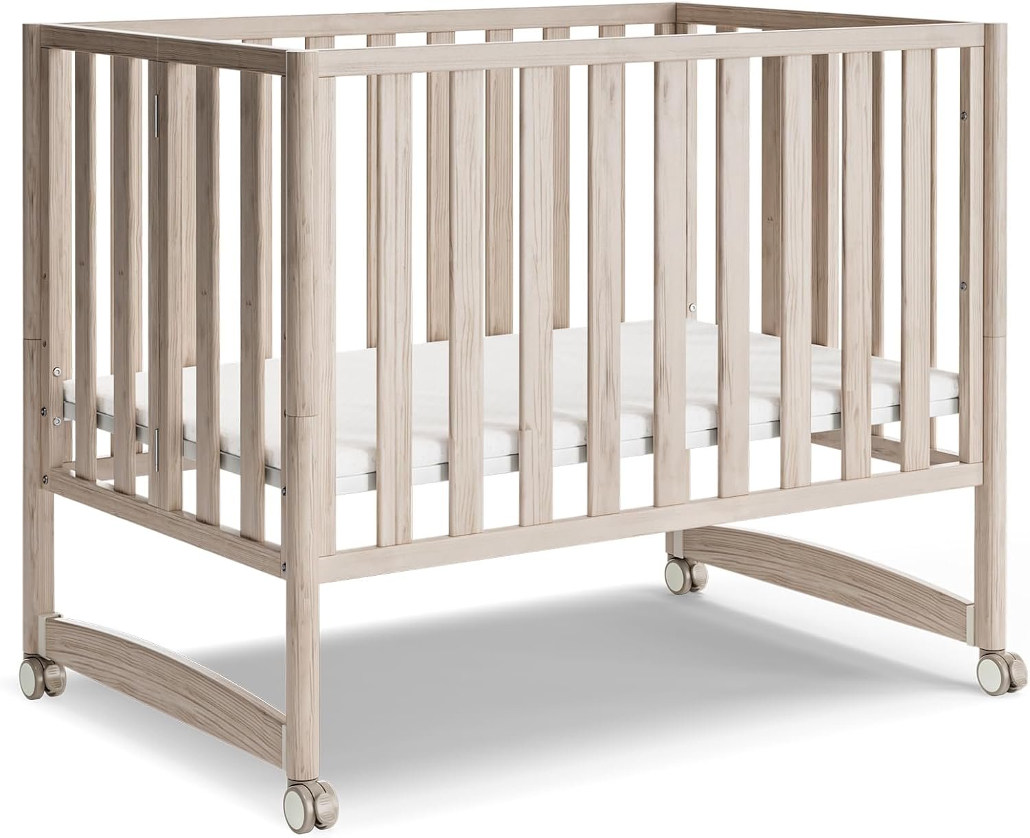 MAMAZING EvoNook 6-in-1 Convertible Mini Crib, 100% New Zealand Wood, Portable Mini Cribs with Wheels for Small Spaces, GREENGUARD Gold Certified, Washed Natural