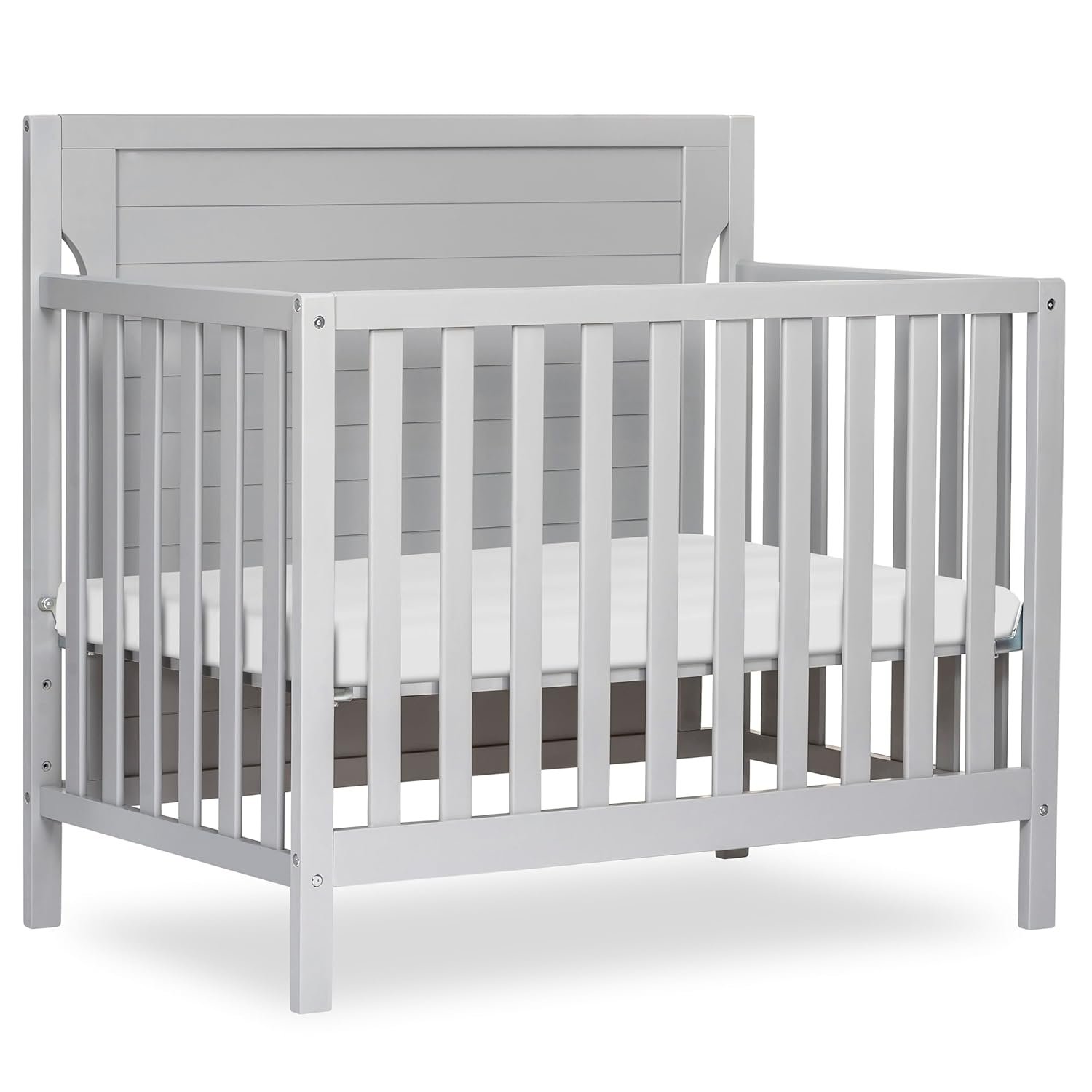 Dream On Me Bellport 4-in-1 Convertible Mini Baby Crib, Compact Design in Pebble Grey, GreenGuard Gold & BSA, Non-Toxic, Sustainable Pinewood, Converts to Mini Daybed & Twin Bed, 1″ Mattress Pad