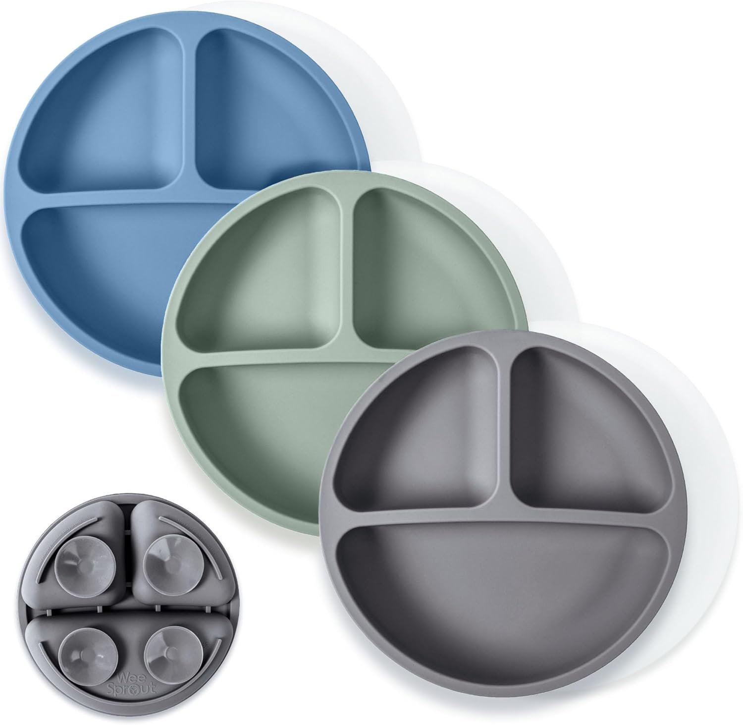 WeeSprout Suction Plates with Lids for Babies & Toddlers – 100% Silicone, Dinnerware Stays Put, Divided Design for Picky Eaters, Microwave & Dishwasher Friendly, 3 Pack