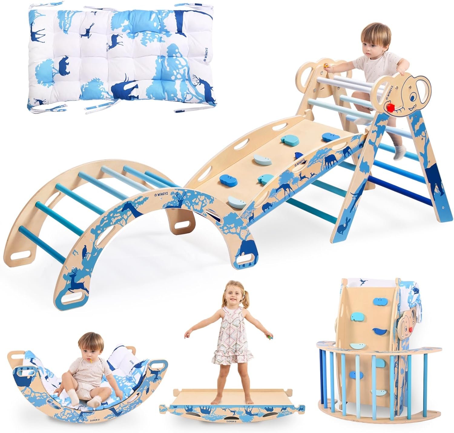WINGYZ Pikler Triangle Set, Montessori Foldable 8-in-1 Jungle Gym with Reversible Animal Slide, Patent-Protected Climbing Set, Safe 2.35″ Gap ASTM F963 Standards for Toddlers 18 Months-7 Years (Blue)