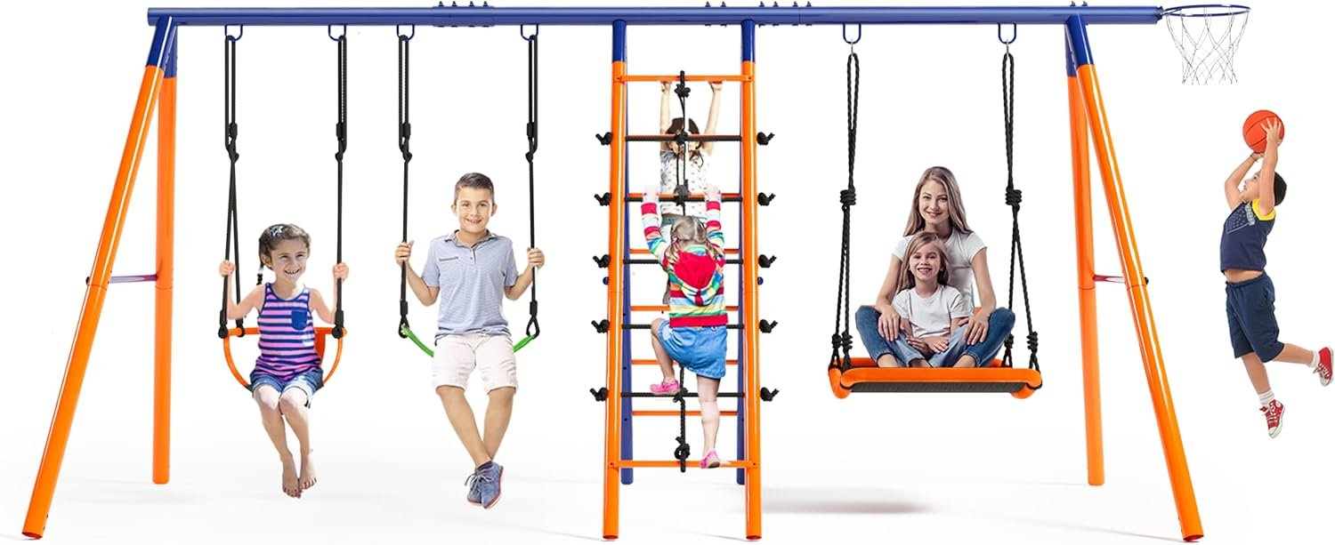 Swing Sets for Backyard 700 lbs – 6 in 1 Multifunction Swing Set Outdoor for Kids Playground, Larger Heavy Duty Metal Swing Stand with 3 Adjustable Swings, Climbing Ladder and Net, Basketball Hoop