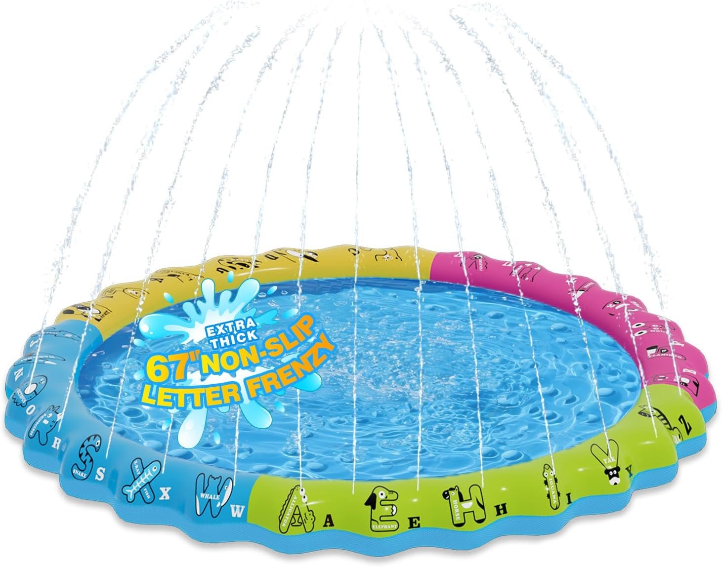 67″ 3-in-1 Non-Slip Splash Pads for Toddlers 1-3 & Kids Ages 4-8, Baby Learning Pool, Sprinkler for Kids Summer Outdoor Water Toys, Game Mat with A-Z Letters