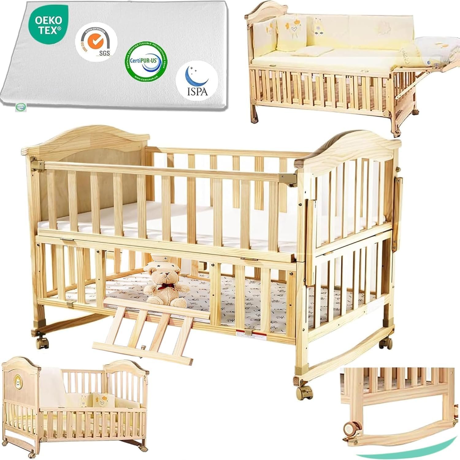 Portable Mini Baby Crib 4 in 1 Convertible with Memory Foam Mattress(38″ by24) Included,cunas para Bebes 2026 Small Crib with Foldable Storage Baby Playpen Bedside Sleeper Beds(Natural Wood)