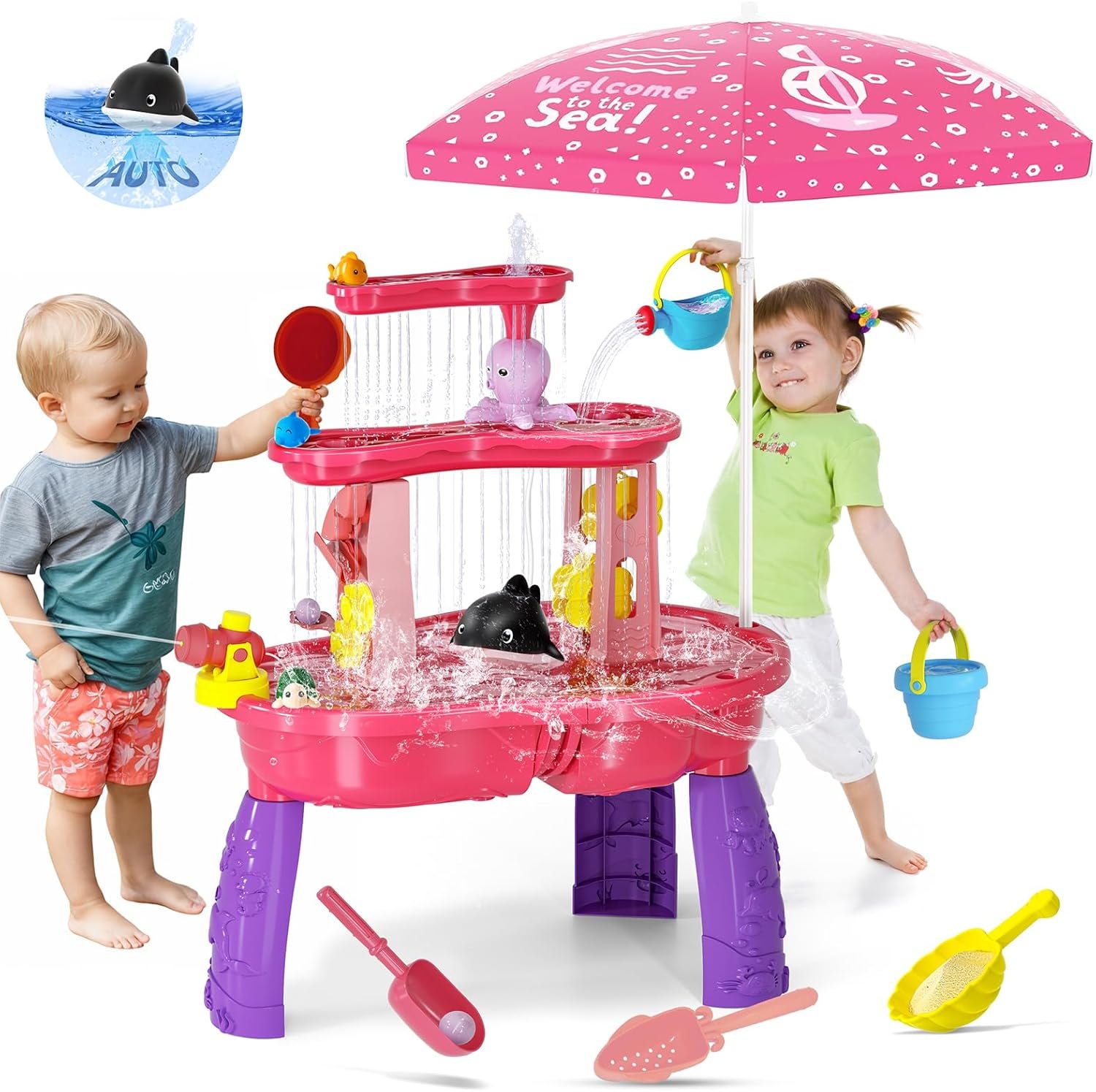 2026 Sand Water Table Toys for Toddlers 1-3 3-5 with Umbrella, 3-Tier Kids Outdoor Water Tables Toy, Auto Electric Pump Sensory Play Water Table for Girls 4-8, Beach Summer Water Toy, Pink&Purple