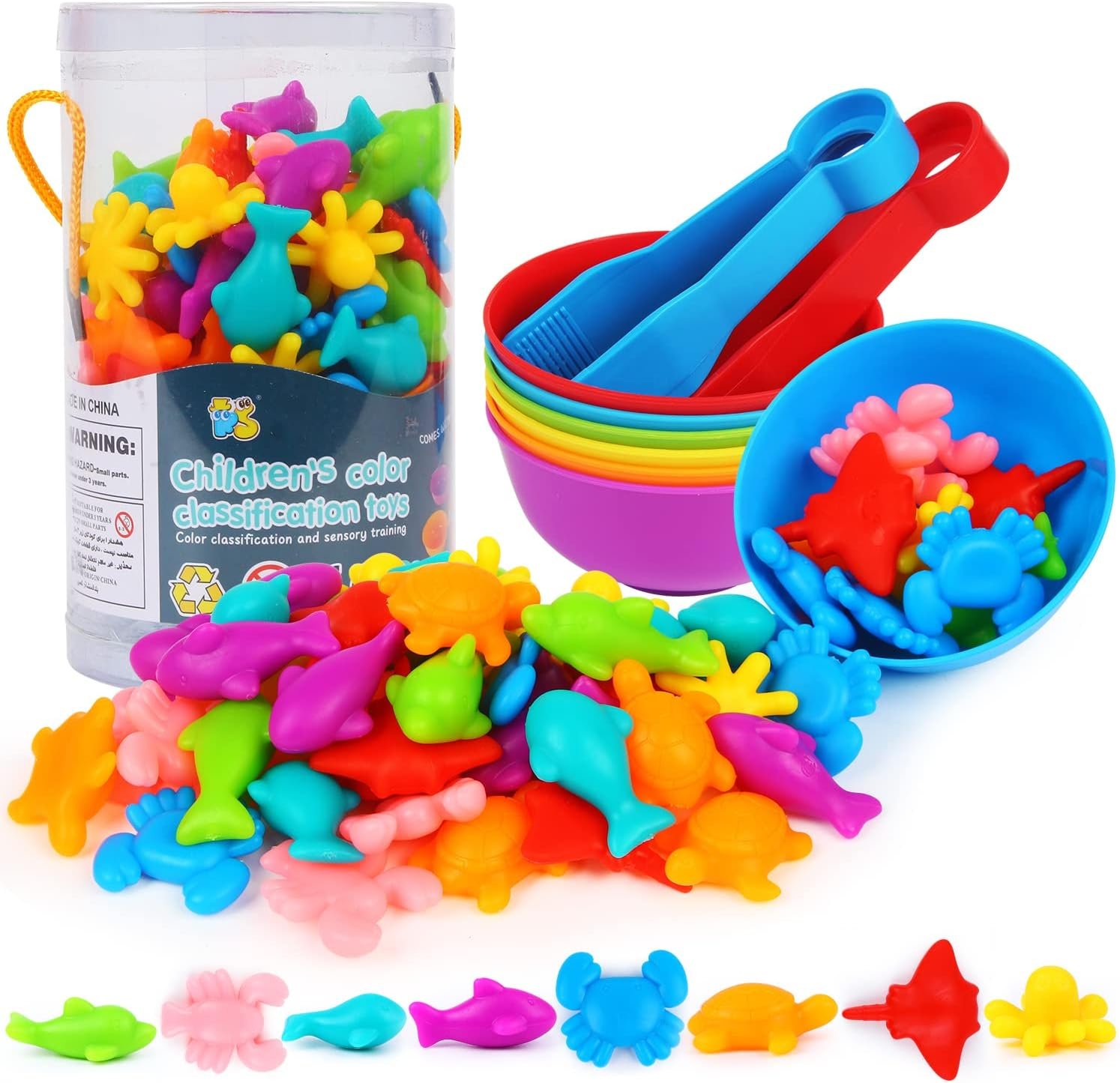 LOKIPA Counting Ocean Animal Toys, Color Sorting Set Ocean Animal Matching Game with Rainbow Sorting Cups Learning Activities Educational Sensory Toys for Toddlers Kids Ages 3 Years and Up