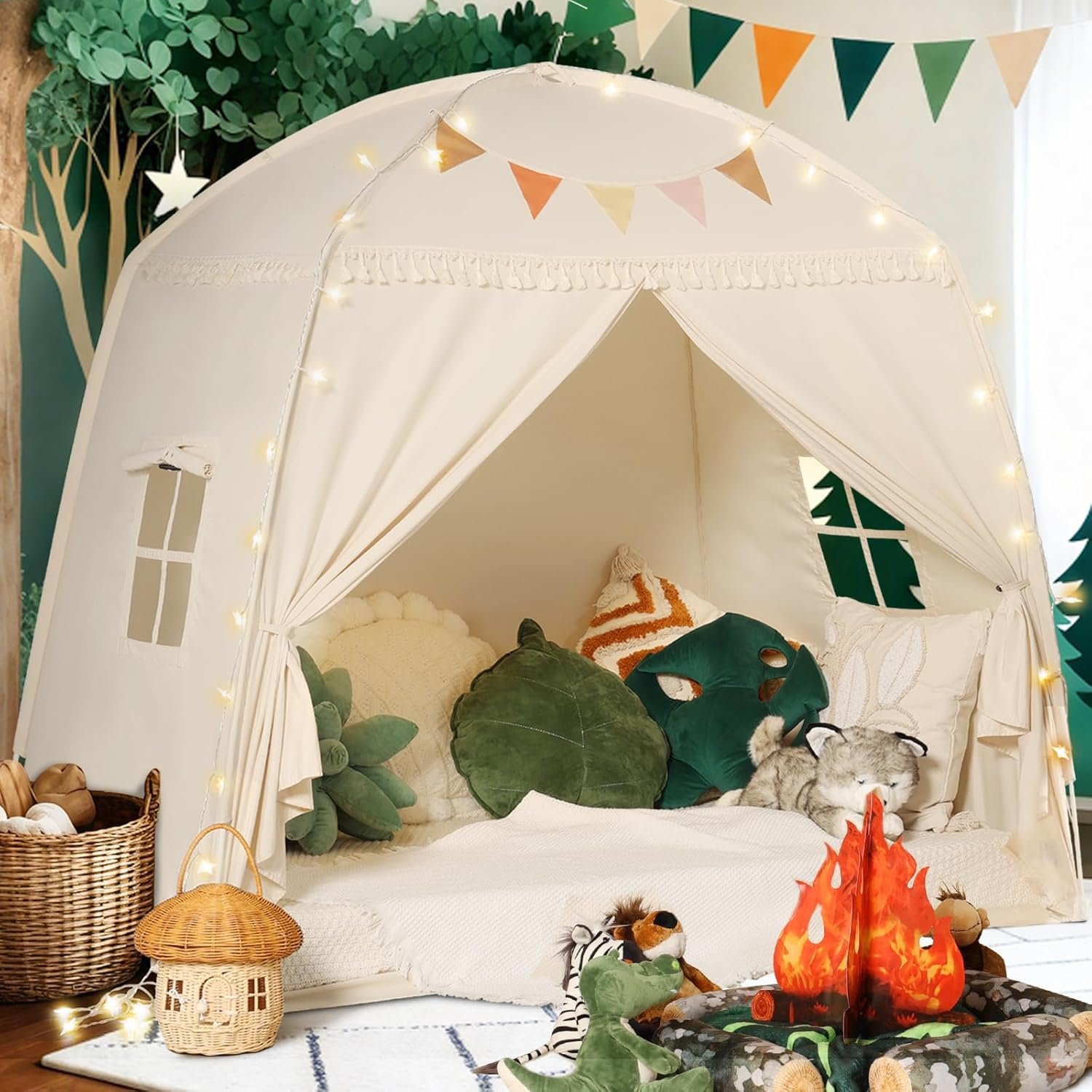 Sumbababy Large Teepee Tent for Kids: with Star Lights & Flags – Tent for Kids Indoor Kids Teepee for Boys & Girls – Playhouse Inside Canopy Bed for Playroom Gift Toys (Cream)