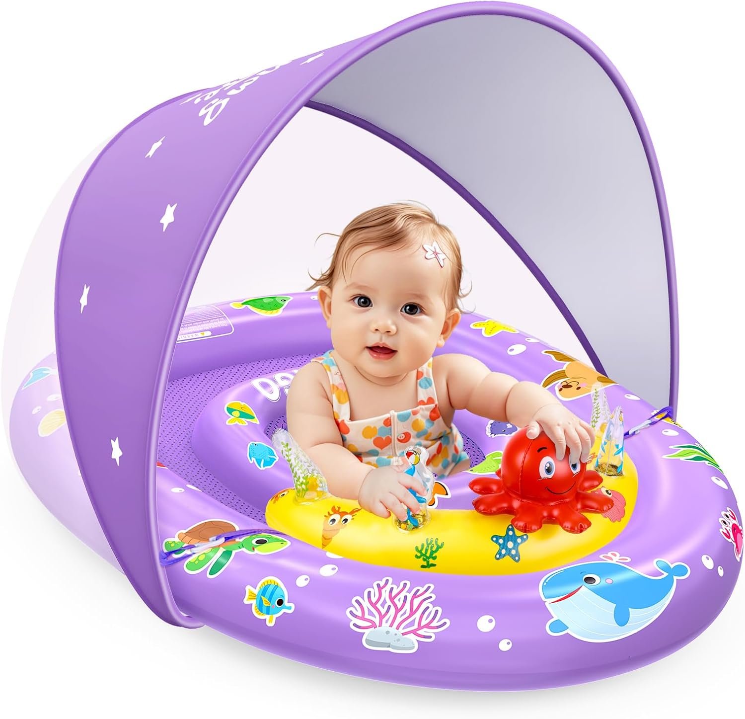 EZIGO Baby Pool Float with Canopy UPF 50+ Sun Protection, Double Air Chambers Infants Swimming Floats with Sound Toys Adjustable Safety Seat Toddler Float for Boys and Girls 6-36 Months