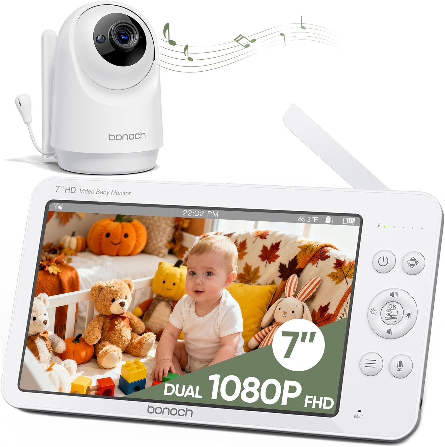 bonoch 7″ Baby Monitor No WiFi, Upgraded 1080P HD MegaView Video Monitor with Camera and Audio, 6000mAh Battery, VOX Mode, Night Vision, Hack Proof, Remote PTZ, White Noise, Gifts for Parents