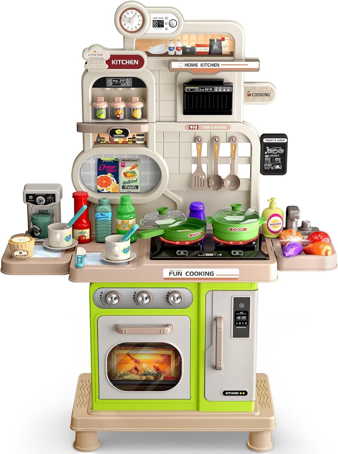 Play Kitchen Set, Kids Kitchen Playset with Realistic Sound & Light, Cooking Stove, Sink, Play Food and Accessories, 57 Pcs Kitchen Toys Gifts for Toddlers 2-4 3-5 Boys Girls (Green)