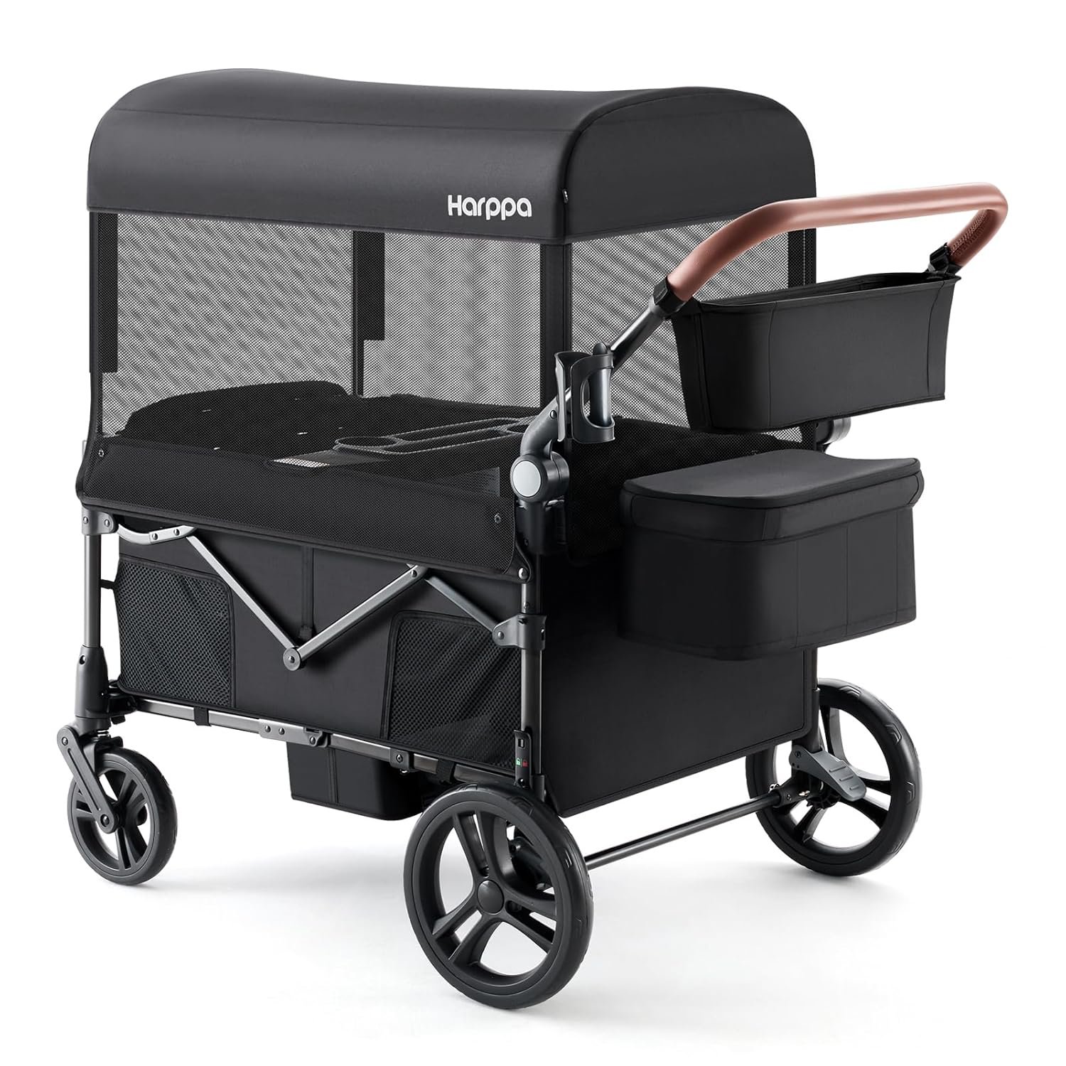 Harppa Remy Wagon Stroller for 4 Kids, Foldable 4-Seater Stroller Wagon with Mosquito Net Canopy,Snack Tray, All-Terrain 11″ Wheels, 220Ibs Capacity for Beach,Zoo,Growing Family Outings Toddler Black