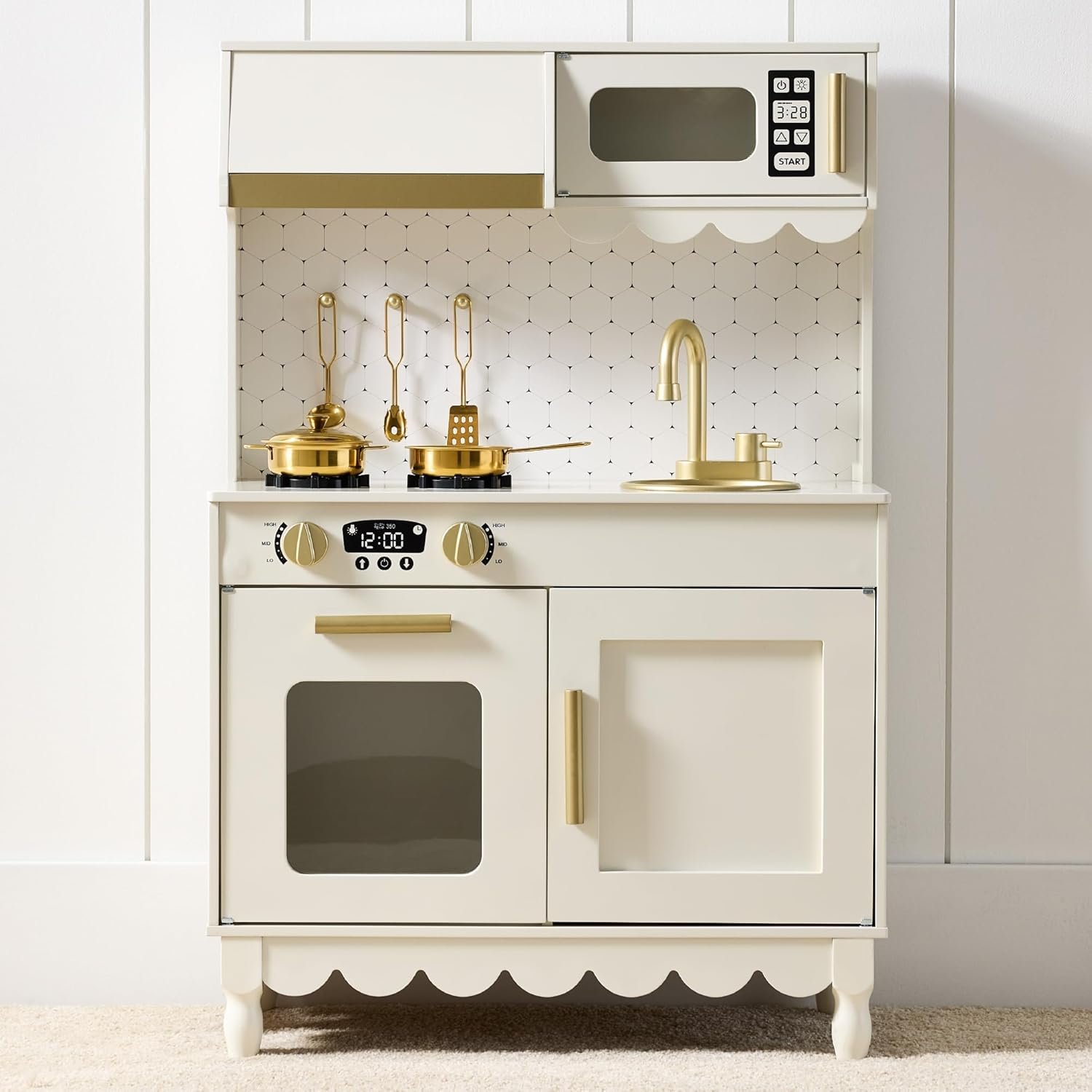 Best Choice Products Toddler Kitchen Playset, Wooden Cottage Kids Play Kitchen with 5 Accessories, Toy Storage, Scalloped Edge, and Pretend Play Microwave, Oven, Clicking Knobs – Cream