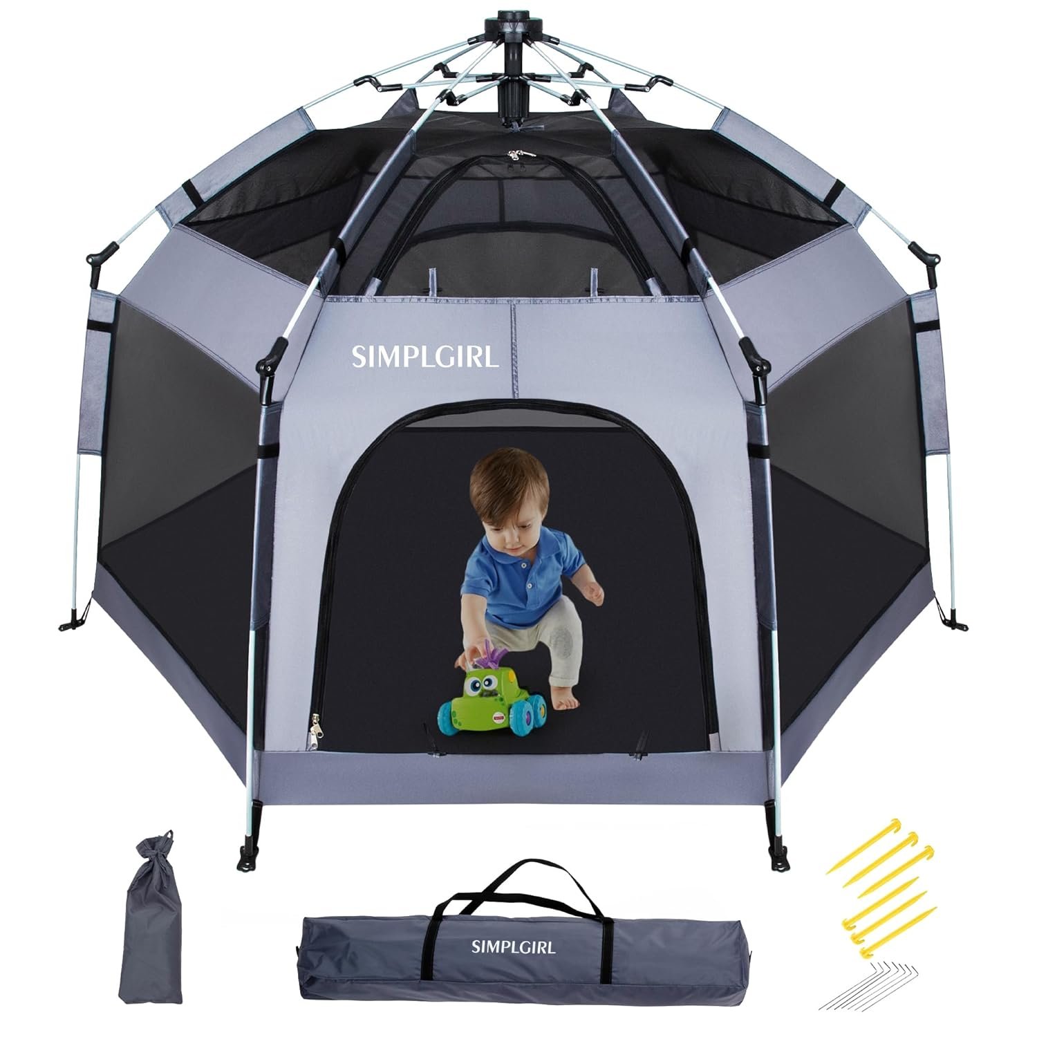 Premium Indoor and Outdoor Baby Playpen – Portable, Lightweight, Pop Up Pack and Play Toddler Play Yard w/Canopy and Travel Bag- Grey