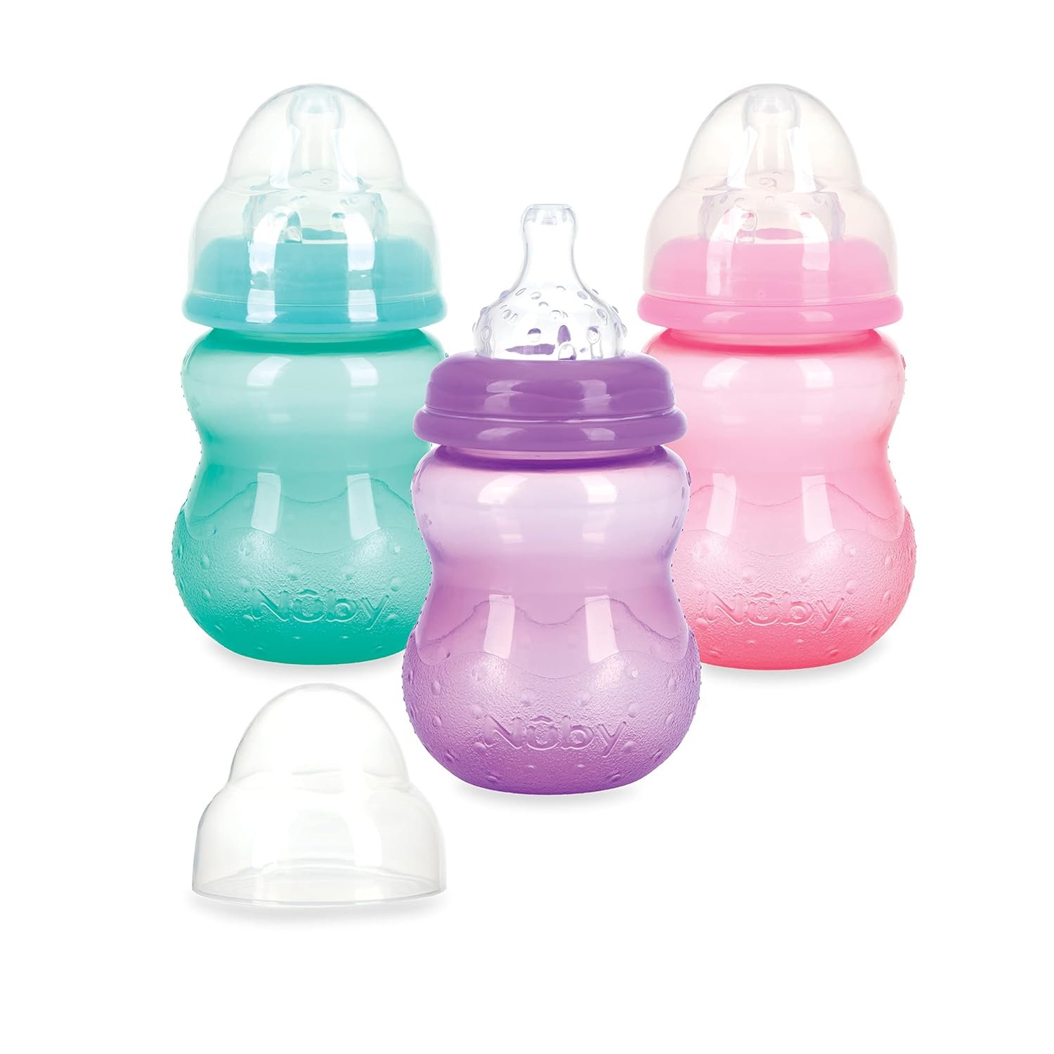 Nuby Wide Neck Non-Drip Bottle – Baby Bottles with Anti-Colic Vari-Flo Valve – (3-Pack) 8 Oz – 0+ Months – Aqua, Pink, Purple