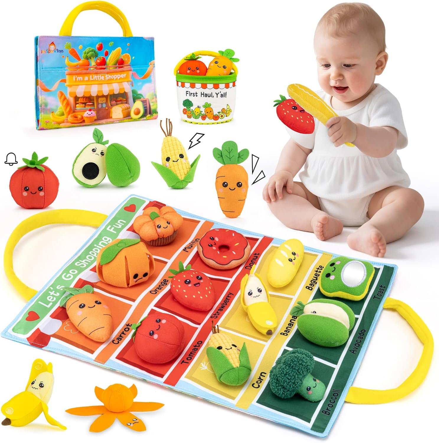 Montessori Toys for 1 Year Old – My First Shopping Trip Baby Sensory Toy, Color Sorting Play Food with Crinkle & Rattle, Fine Motor Skills Learning Gift for 1 2 3 Year Old Boy Girl Birthday Christmas