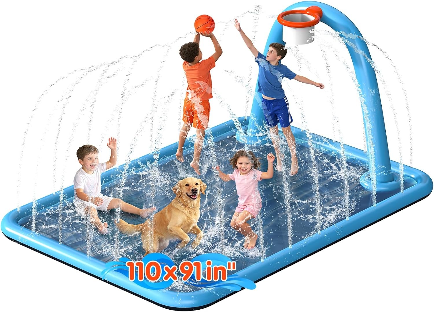 Instraella Splash Pad, 110×91” 2-in-1 Large Sprinkler Mat with Basketball Hoop and Arch for Kids Outdoor Play, Shoot Game for Backyard, Inflatable Water OutdoorToys More Fun for Boys and Girls