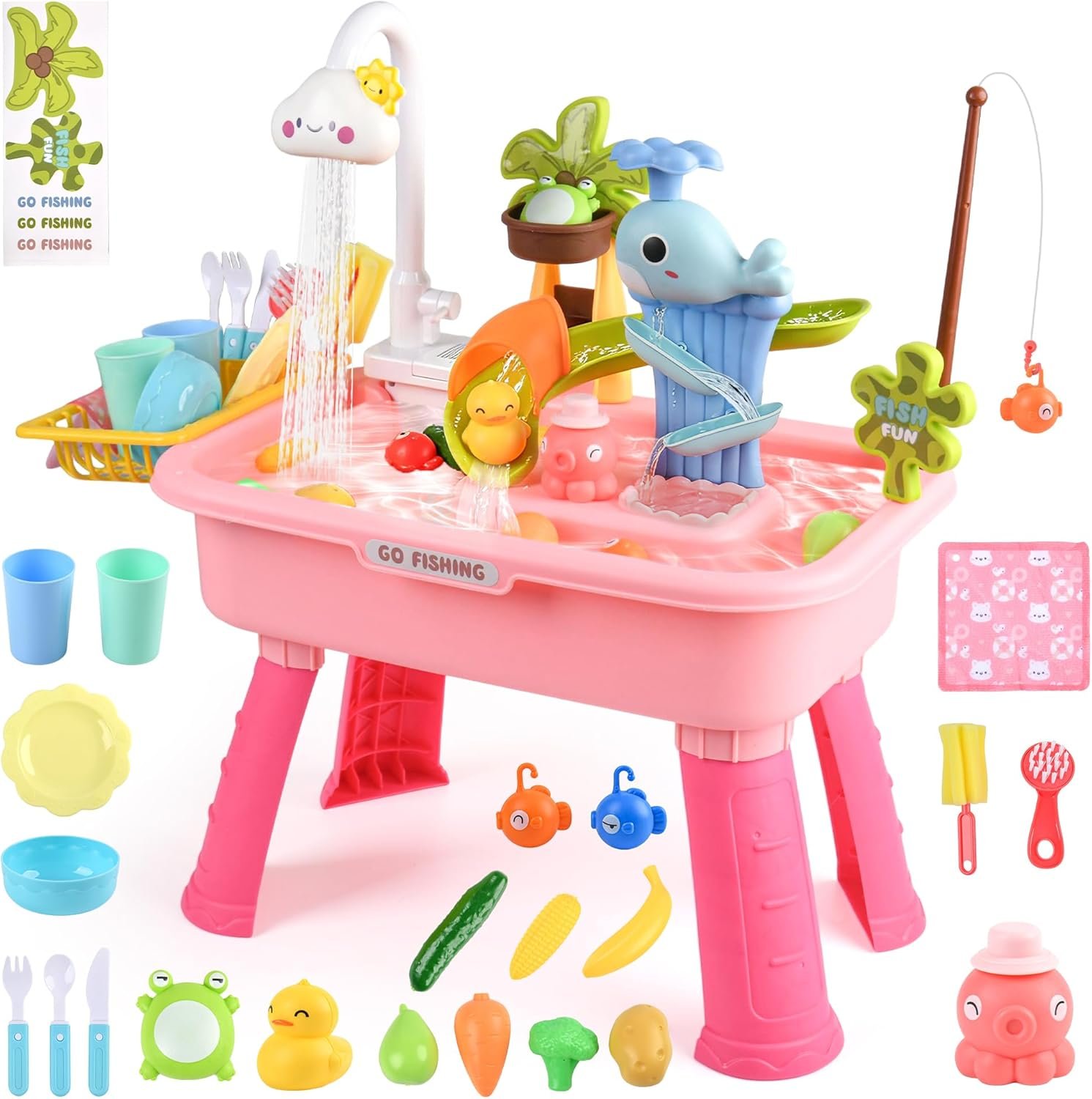 Upgraded Water Table for Toddlers 1-3 with Electric Water Pump, Kids Water Table with Faucet, Play Food Accessories Fishing Toy, Kitchen Play Sink Toys for Girl Boy