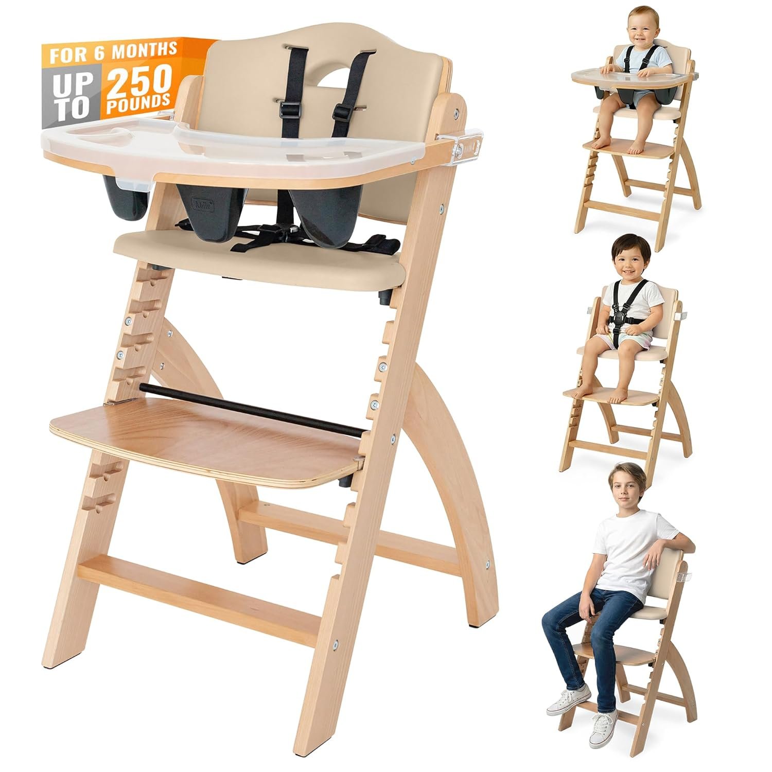 Abiie Beyond Junior Wooden High Chair with Tray – Adjustable and Convertible High Chair for Babies and Toddlers – 6 Months to 250 Lb – Water Resistant – Natural Wood with Beige Cushion