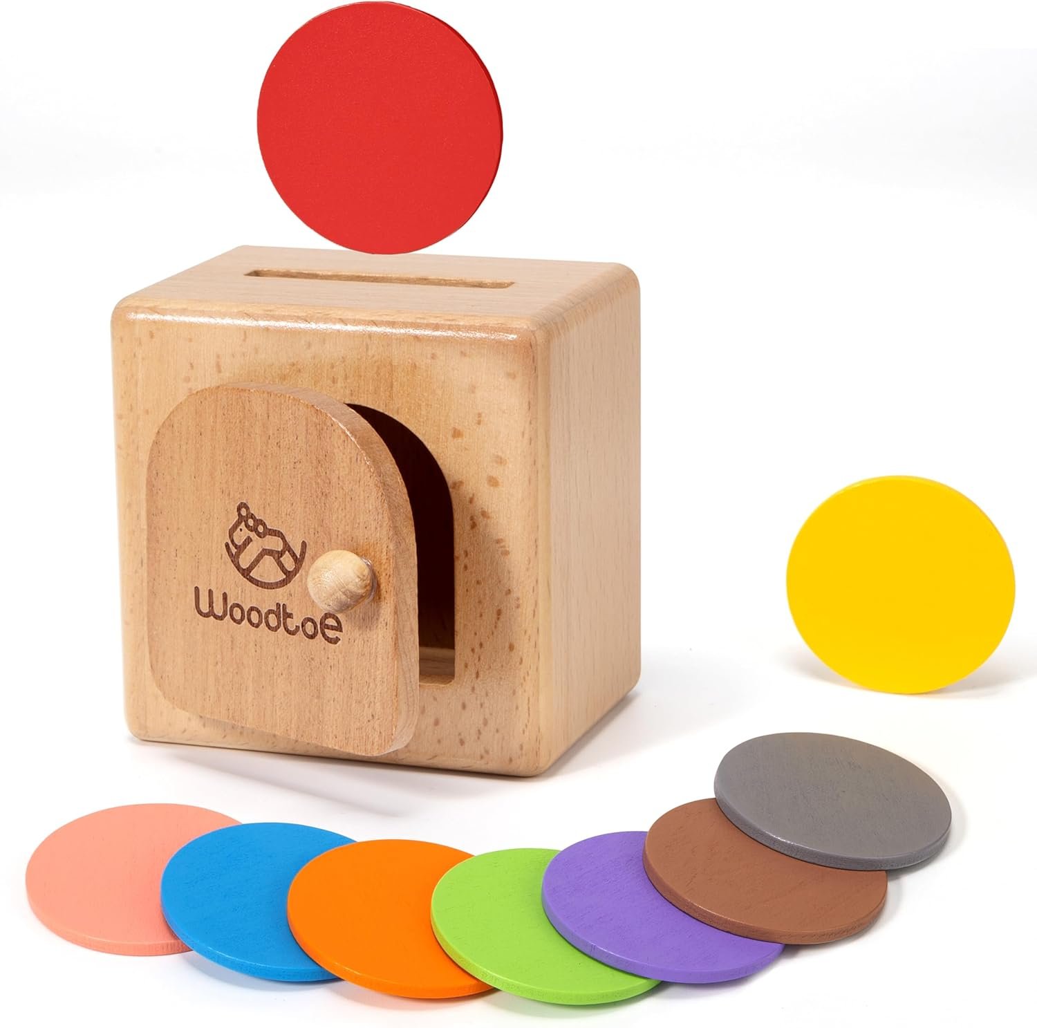 Woodtoe Montessori Coin Box, Object Permanence Box, Wooden Color Sorting Toy, Montessori Toys for 1 Year Old, Educational Sensory Fine Motor Toy, Developmental Toy Gift for Baby Toddler Boy Girl 1-3
