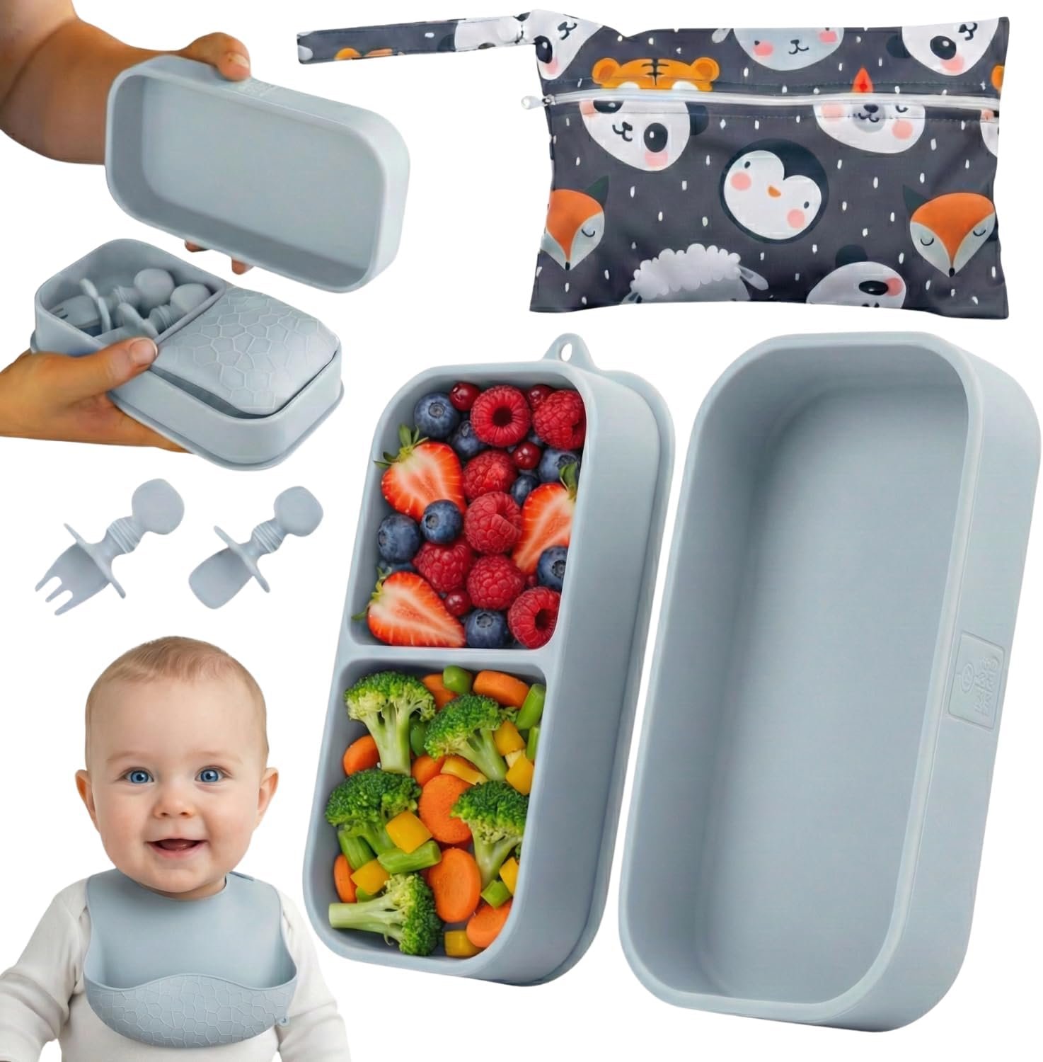 Baby Travel Essentials 6 Pc Silicone Feeding Set – Portable Toddler Plates with Suction, Baby Spoons & Foldable Bib in Carrying Case – BPA-Free Infant & Toddler Utensils for Airplanes & Eating Out