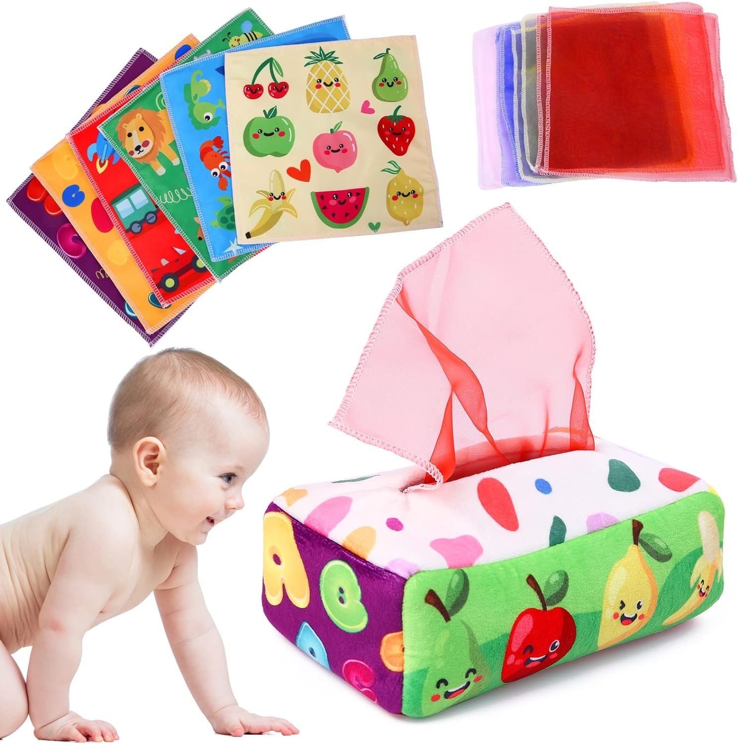 YOGINGO Baby Toys 6 to 12 Months – Tissue Box Toy Montessori for Babies 6-12 Months, Soft Stuffed High Contrast Crinkle Infant Sensory Toys, Boys&Girls Kids Early Learning Gifts